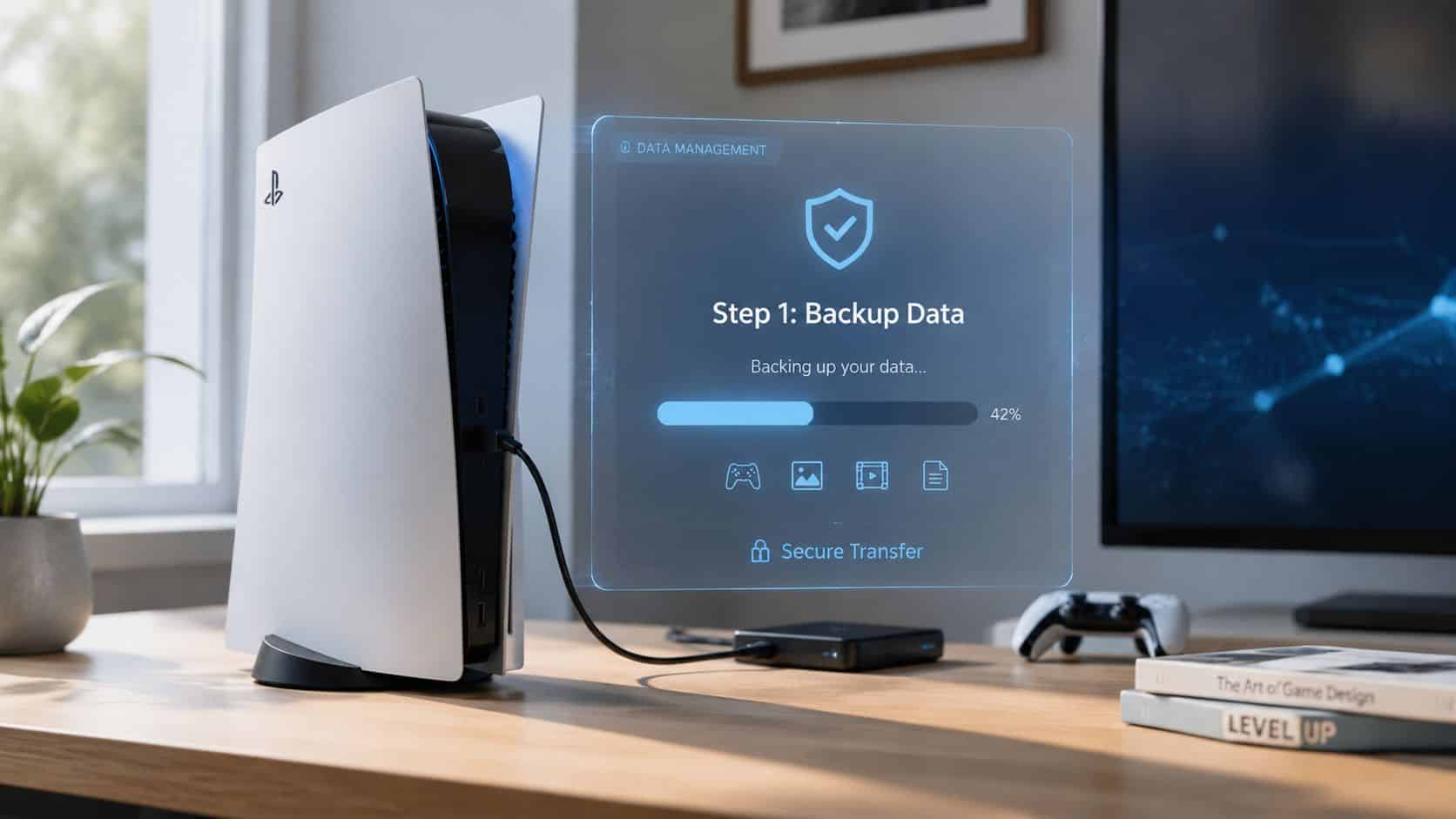 Console Trade in: Your 2026 UK Guide to Max Returns 1 A PlayStation 5 console performs a digital data backup process onto an external storage device on a desk.