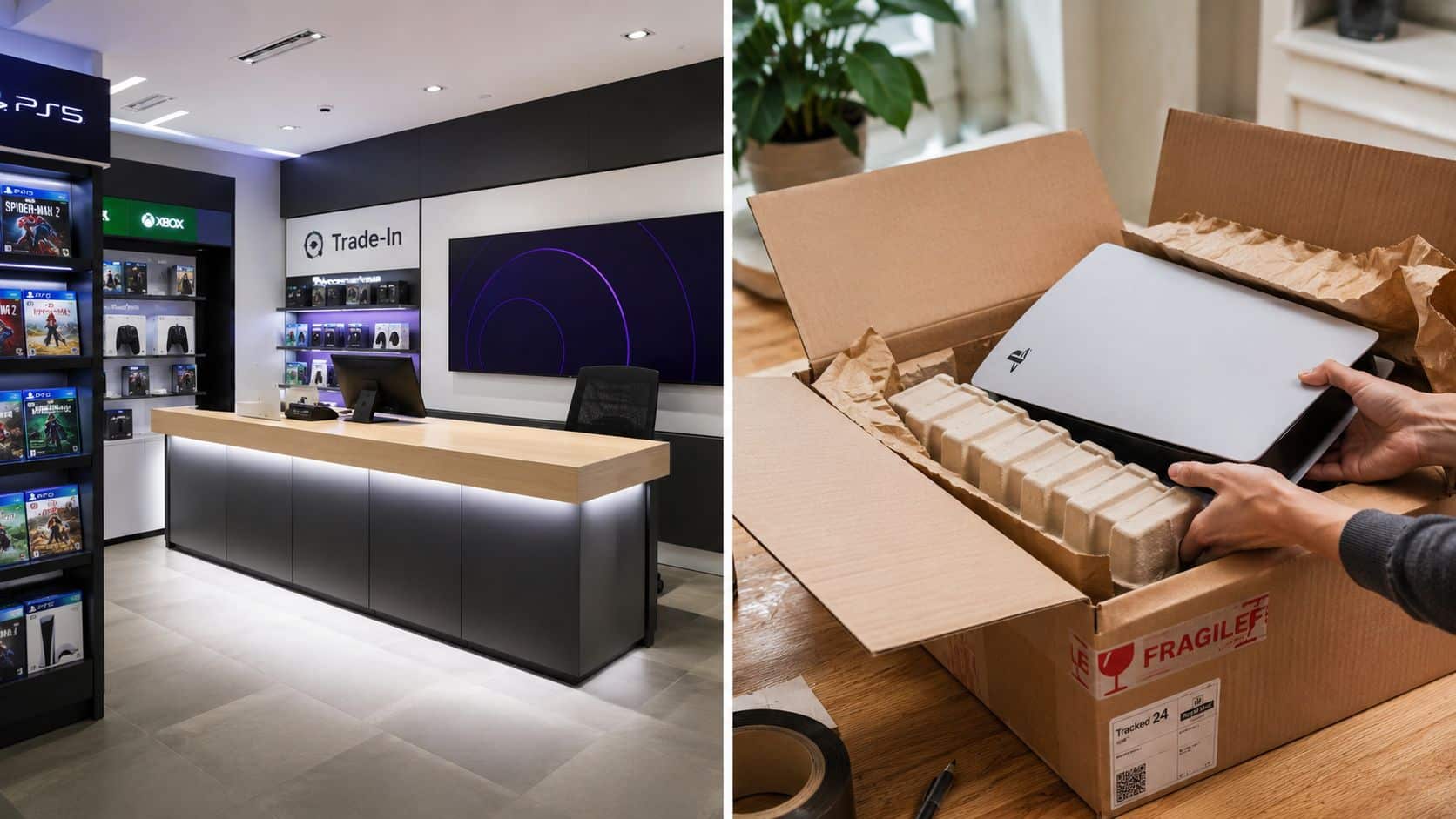 Console Trade in: Your 2026 UK Guide to Max Returns 2 A split image showing a professional video game console trade-in store and someone packing a console into a box.