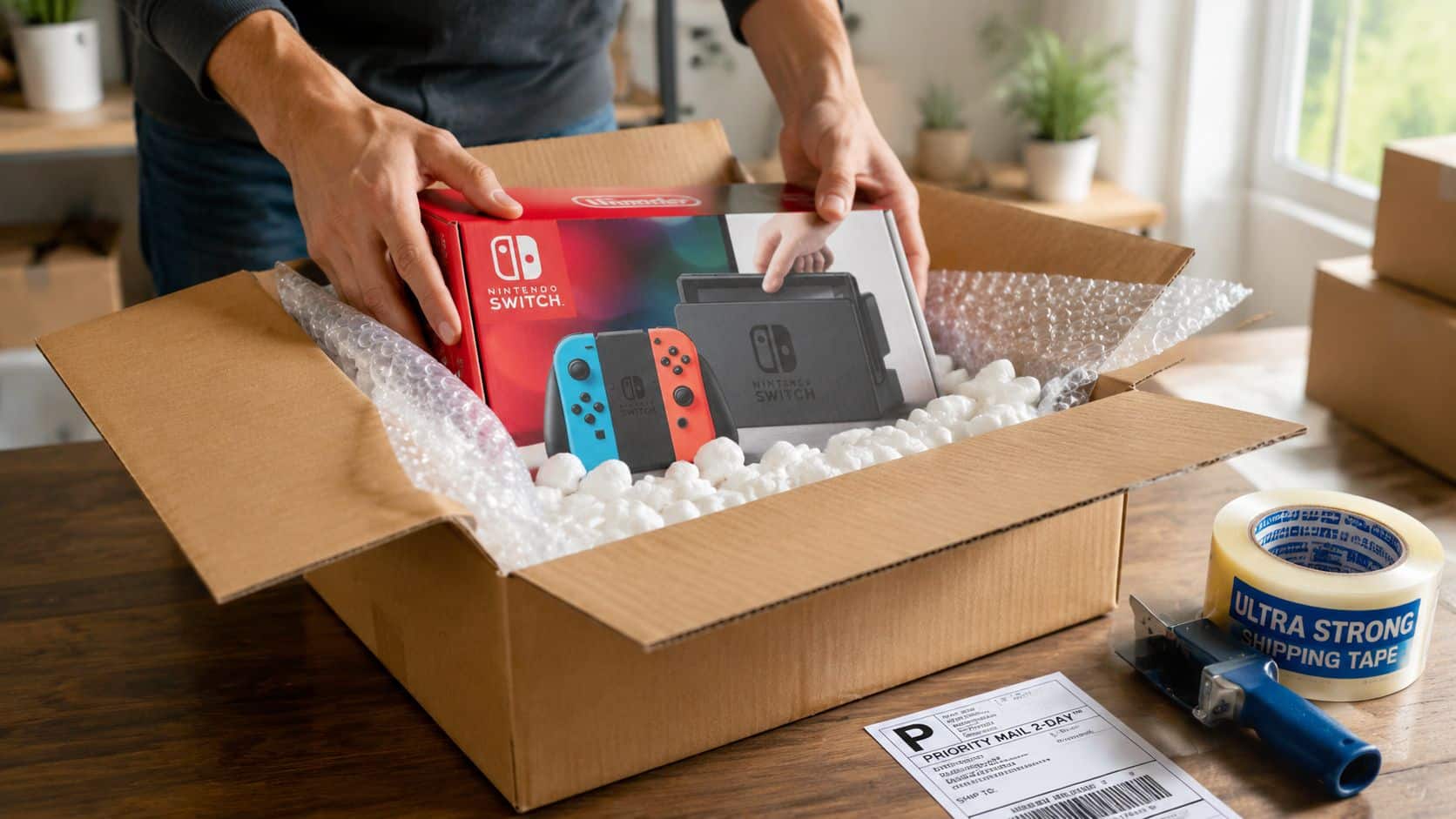 Console Trade in: Your 2026 UK Guide to Max Returns 4 A person carefully packing a Nintendo Switch game console into a cardboard box with shipping materials.