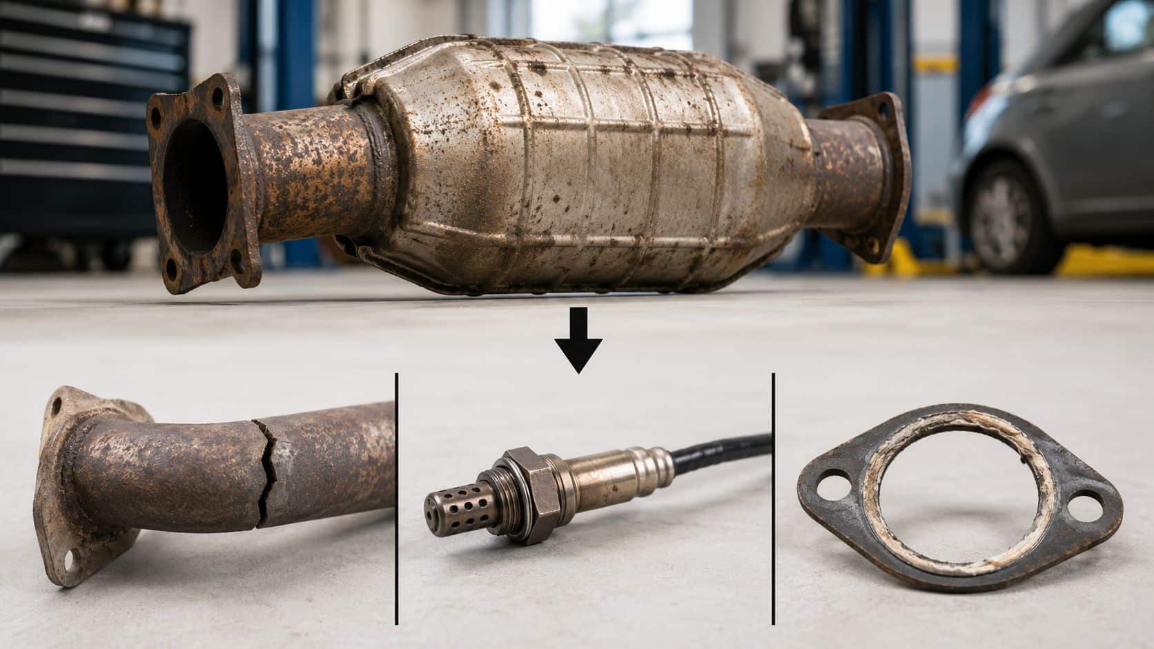Fault Code P0420 Explained: A UK Driver's Guide 2 A catalytic converter with exhaust repair components, an oxygen sensor, and a damaged pipe on a workshop floor.