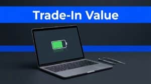 Open refurbished MacBook on a workbench with inspection tools and a blue Trade-In Value banner.