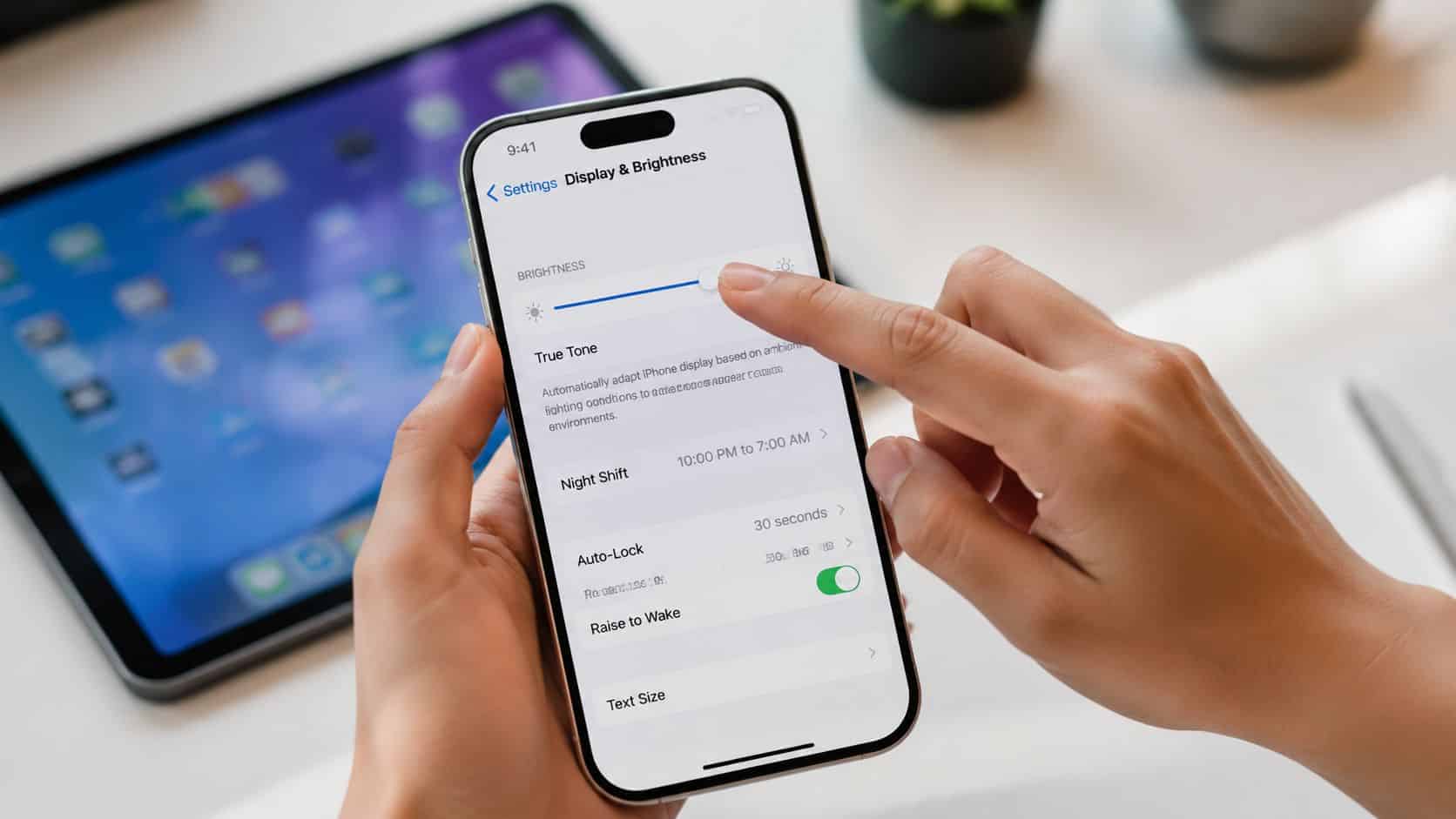 How to Adjust Screen Brightness on Any Device 1 A close-up view of a person using their finger to adjust the screen brightness on an iPhone.
