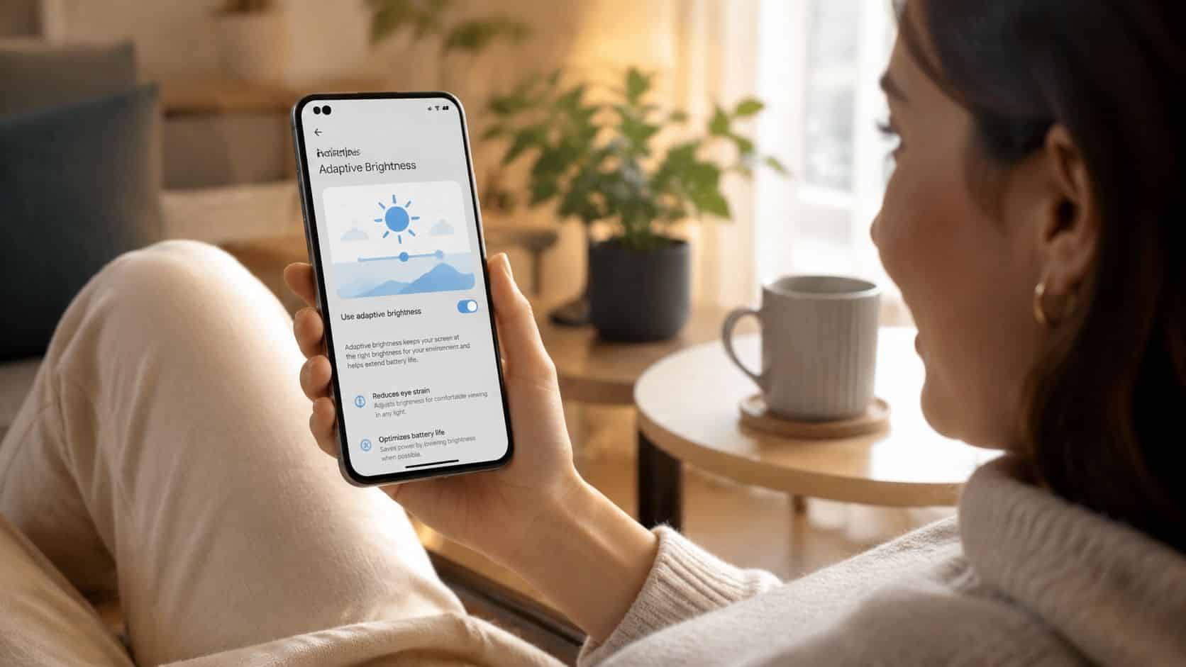How to Adjust Screen Brightness on Any Device 2 A woman holding a smartphone displaying the adaptive brightness settings menu on the screen while relaxing indoors.