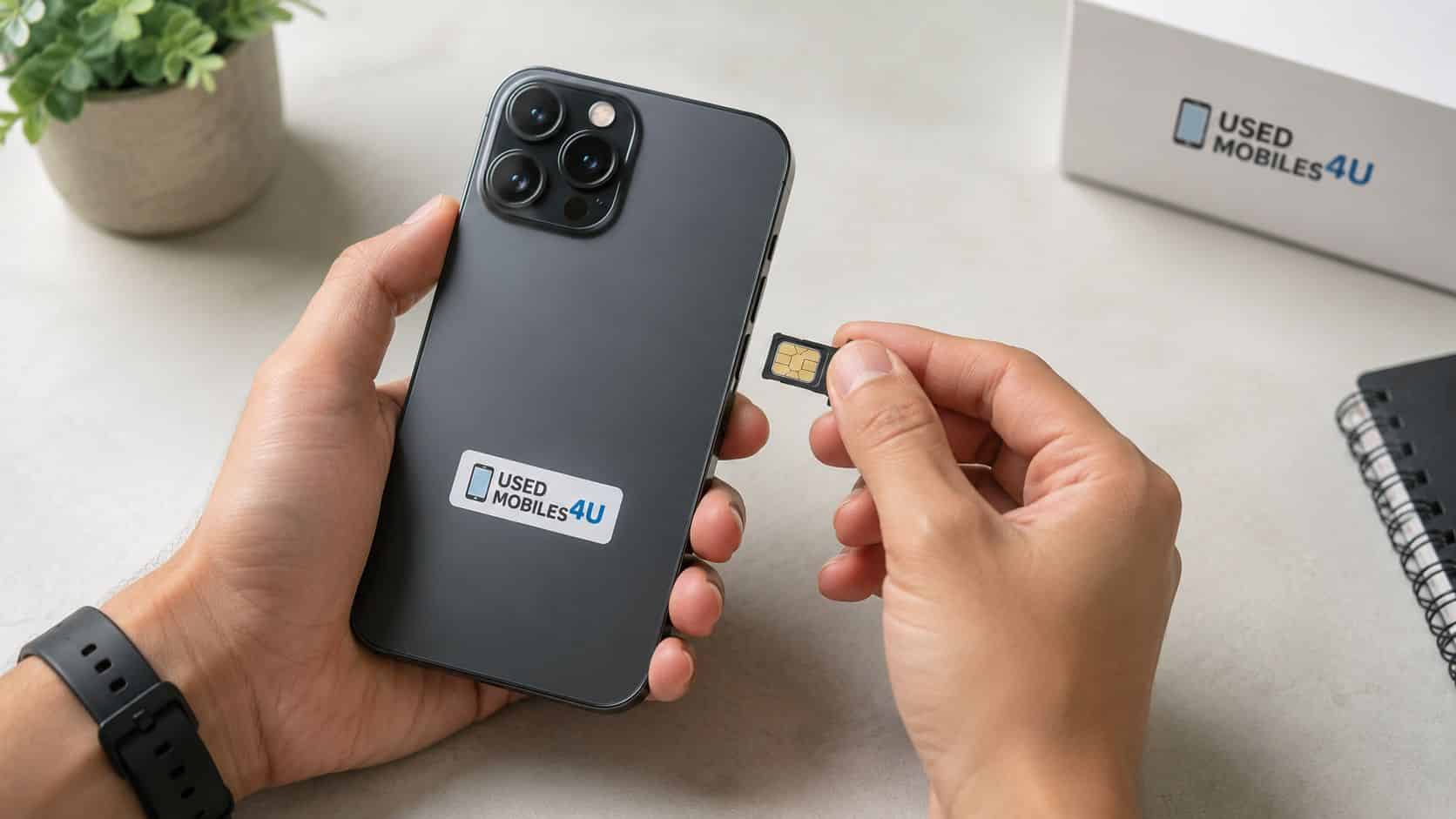 How to Set Up Call Forwarding on Any Phone 6 A person holding a black smartphone and inserting a SIM card into the side slot for setup.