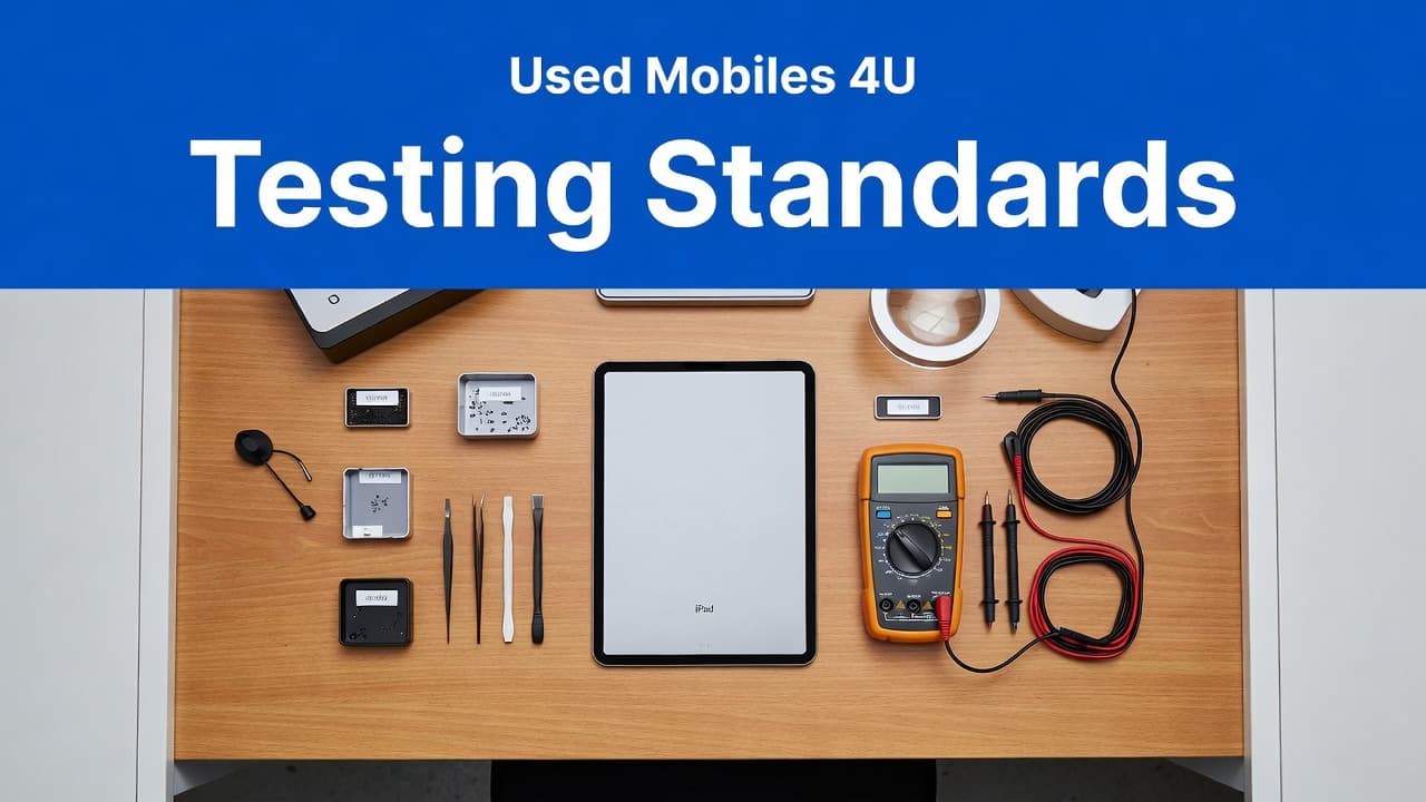 Refurbished iPad 10 Buyer's Guide for the UK in 2026 1 A top-down view shows an iPad 10 on a wooden bench surrounded by diagnostic tools. A bold blue header bar at the top displays Testing Standards in a clean white font.