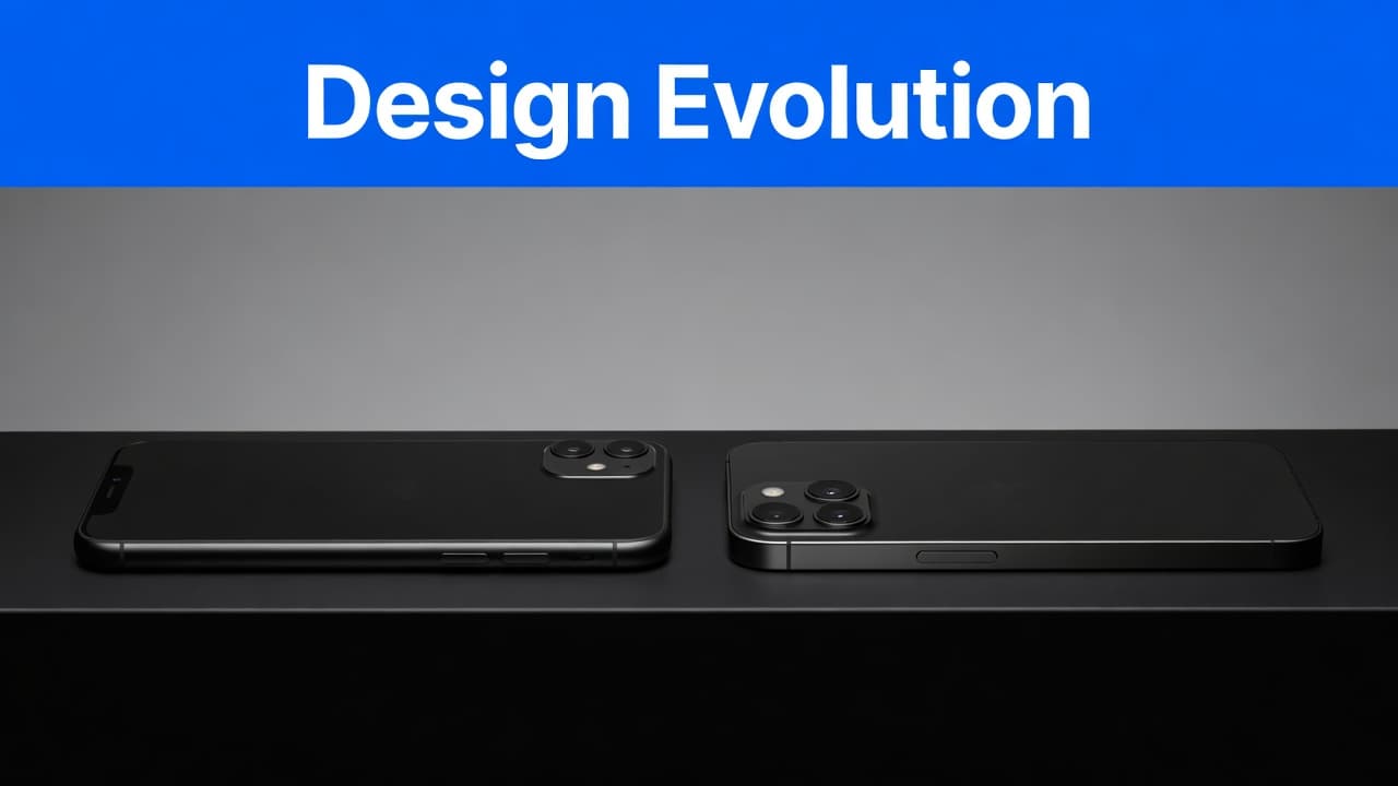 Two smartphones are positioned side-by-side against a neutral studio backdrop. A bold blue banner with the headline Design Evolution sits above the devices, highlighting the subtle design variations between models.