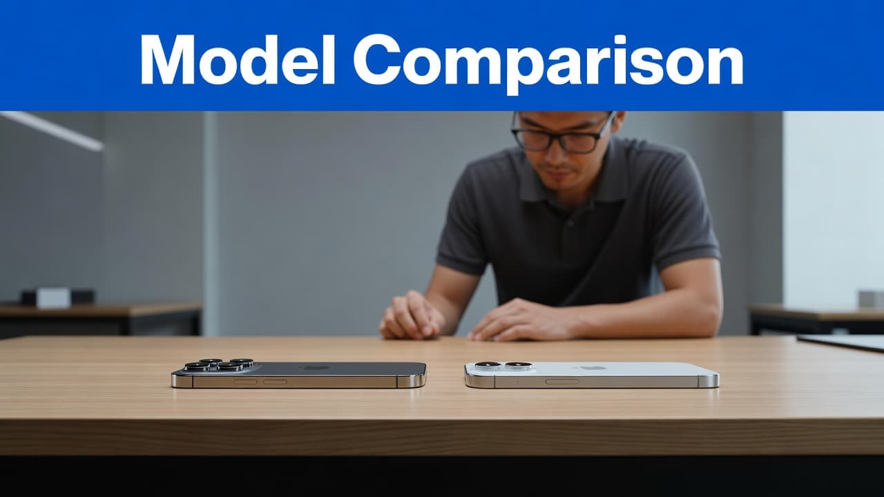iPhone 13 Pro Max vs iPhone 15 Plus: UK Value 1 Two smartphones displayed side by side on a wooden desk with a technician in the background.