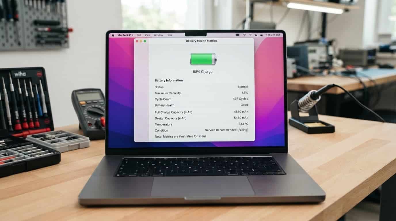What Affects Refurbished MacBook Trade-In Value? 2 MacBook showing battery health metrics on a clean workshop desk.
