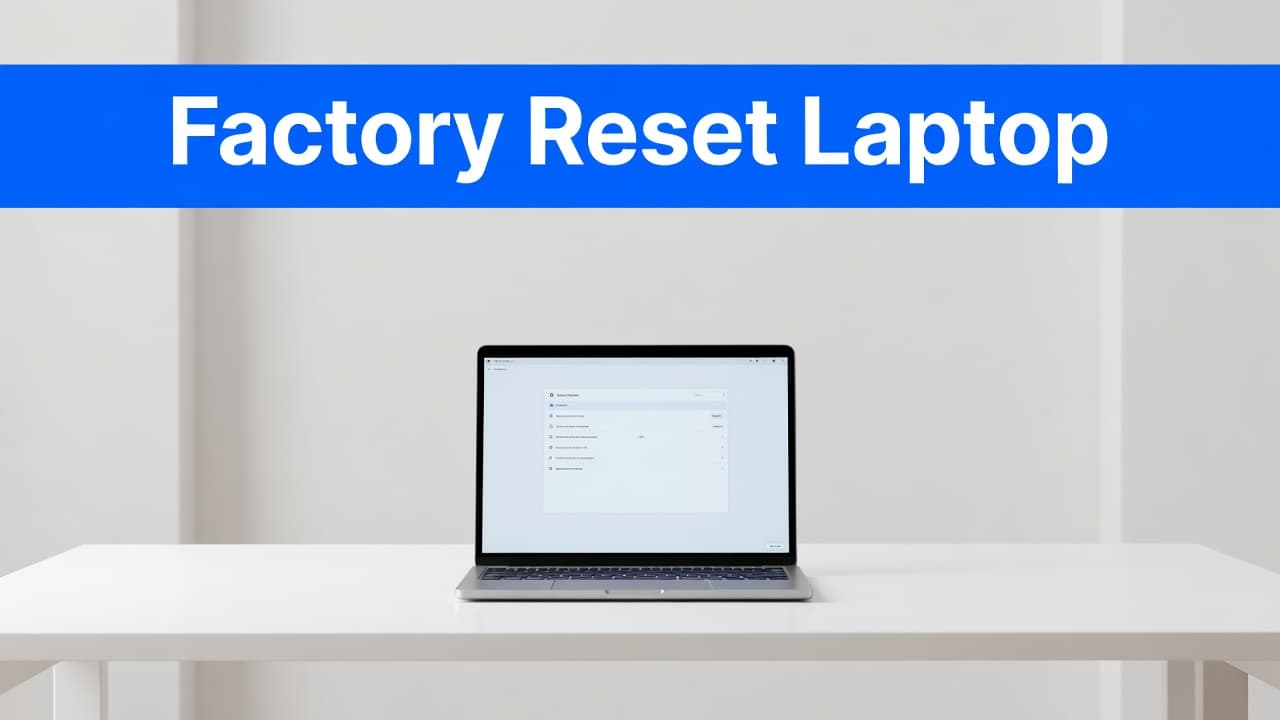 A slim, open laptop sits on a pristine white desk surface. Above the device, a bold blue banner clearly displays the text Factory Reset Laptop in clean, modern sans-serif lettering.