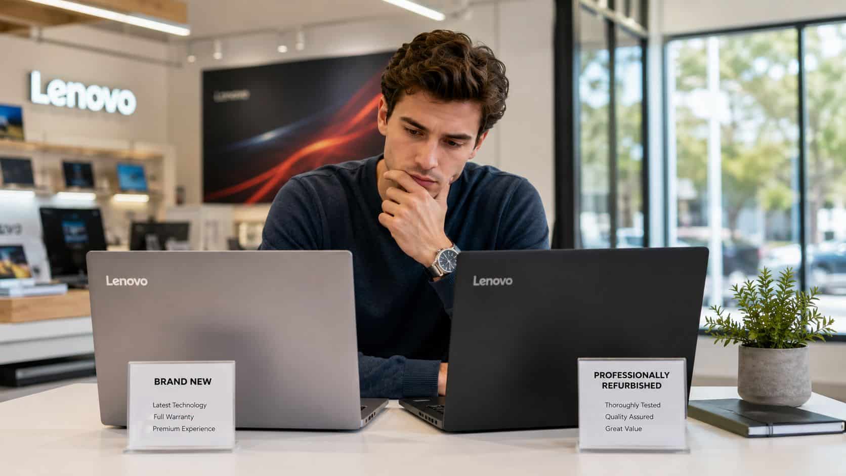 Lenovo Laptop Deals UK: An Insider's Buying Guide 2026 1 A man in a store comparing a brand new Lenovo laptop with a professionally refurbished model.