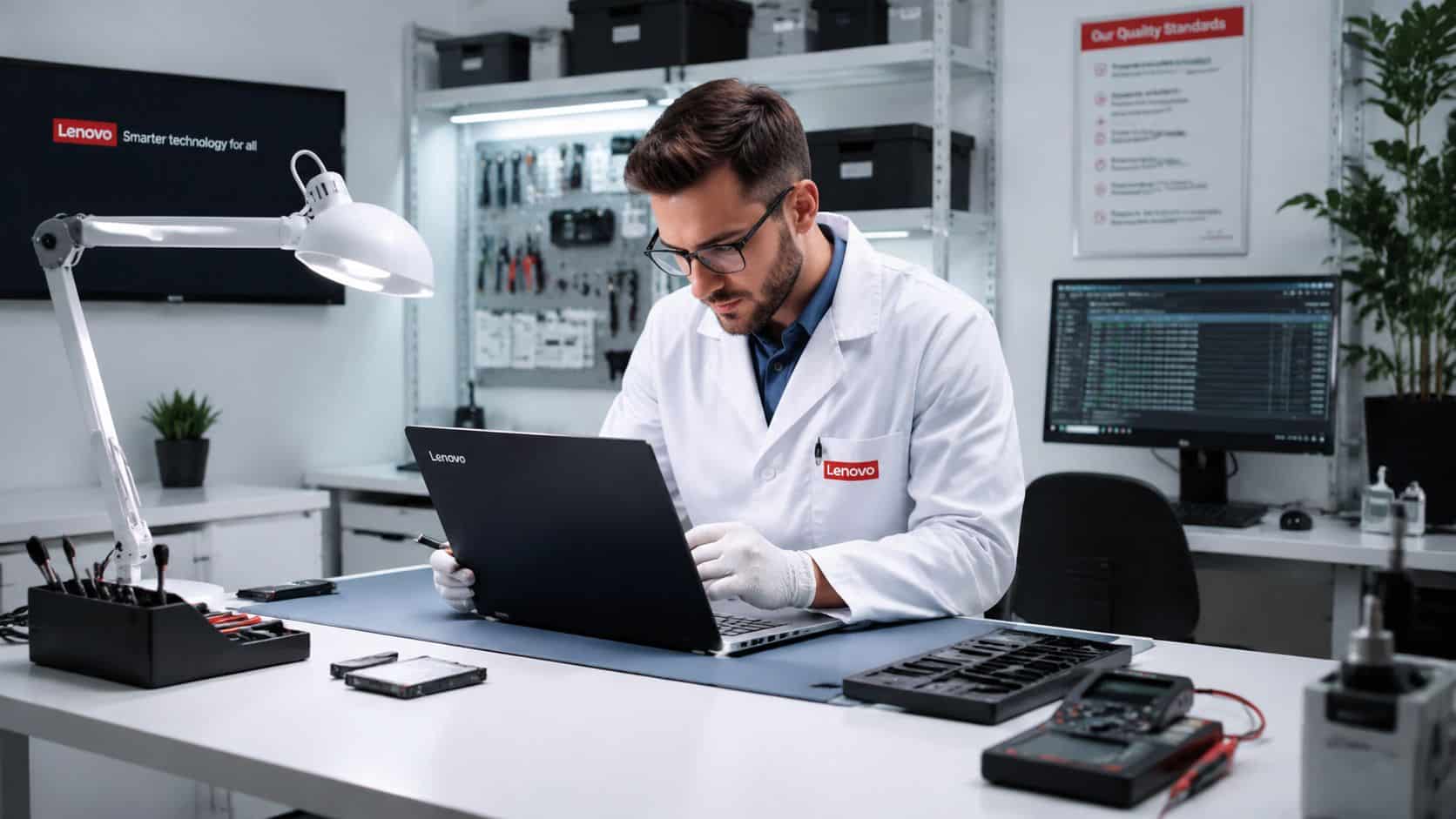 Lenovo Laptop Deals UK: An Insider's Buying Guide 2026 2 A technician wearing a lab coat and gloves works on a Lenovo laptop in a technical repair lab.