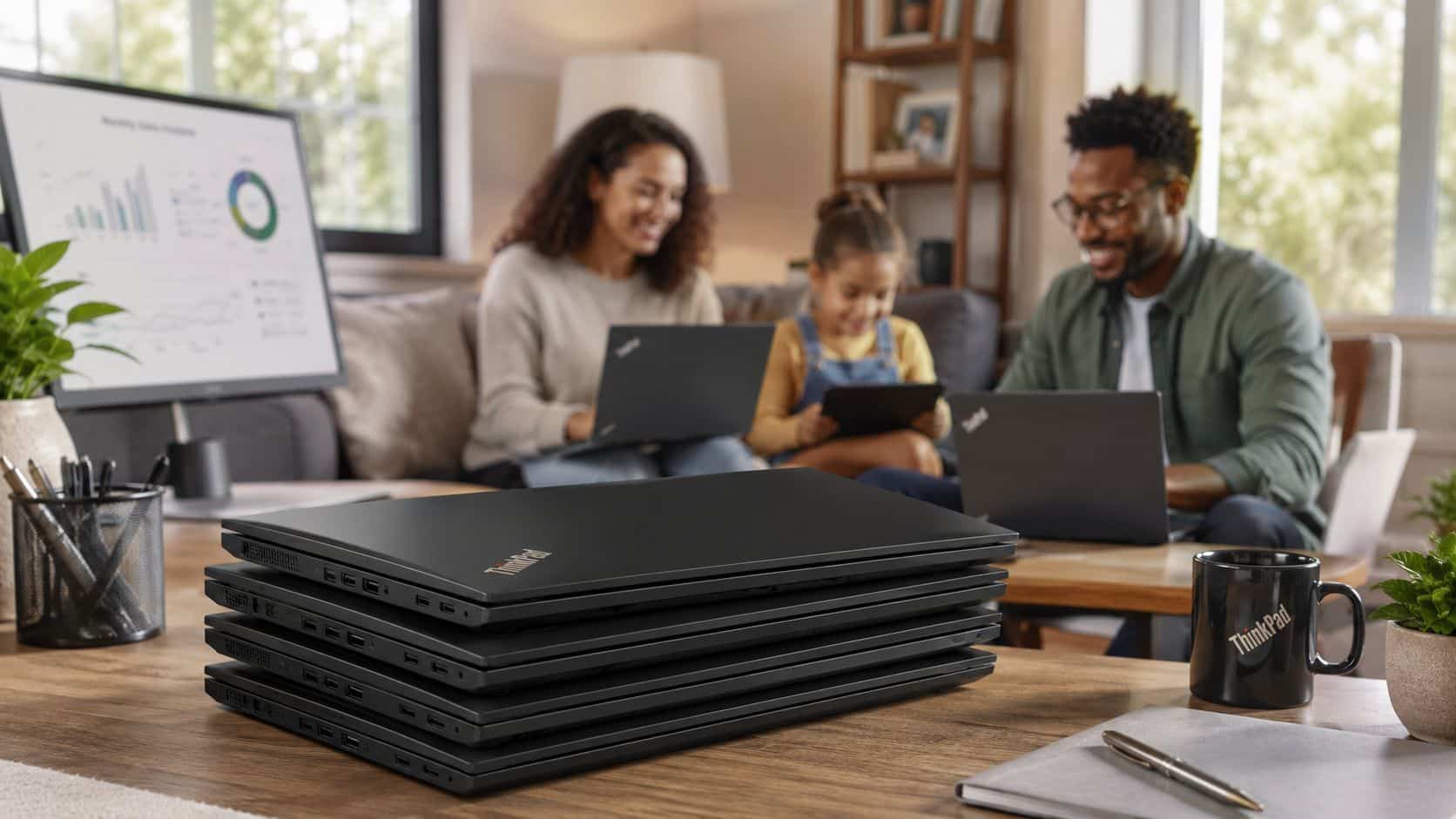 Lenovo Laptop Deals UK: An Insider's Buying Guide 2026 4 A stack of black ThinkPad laptops on a wooden desk with a family working in the background.