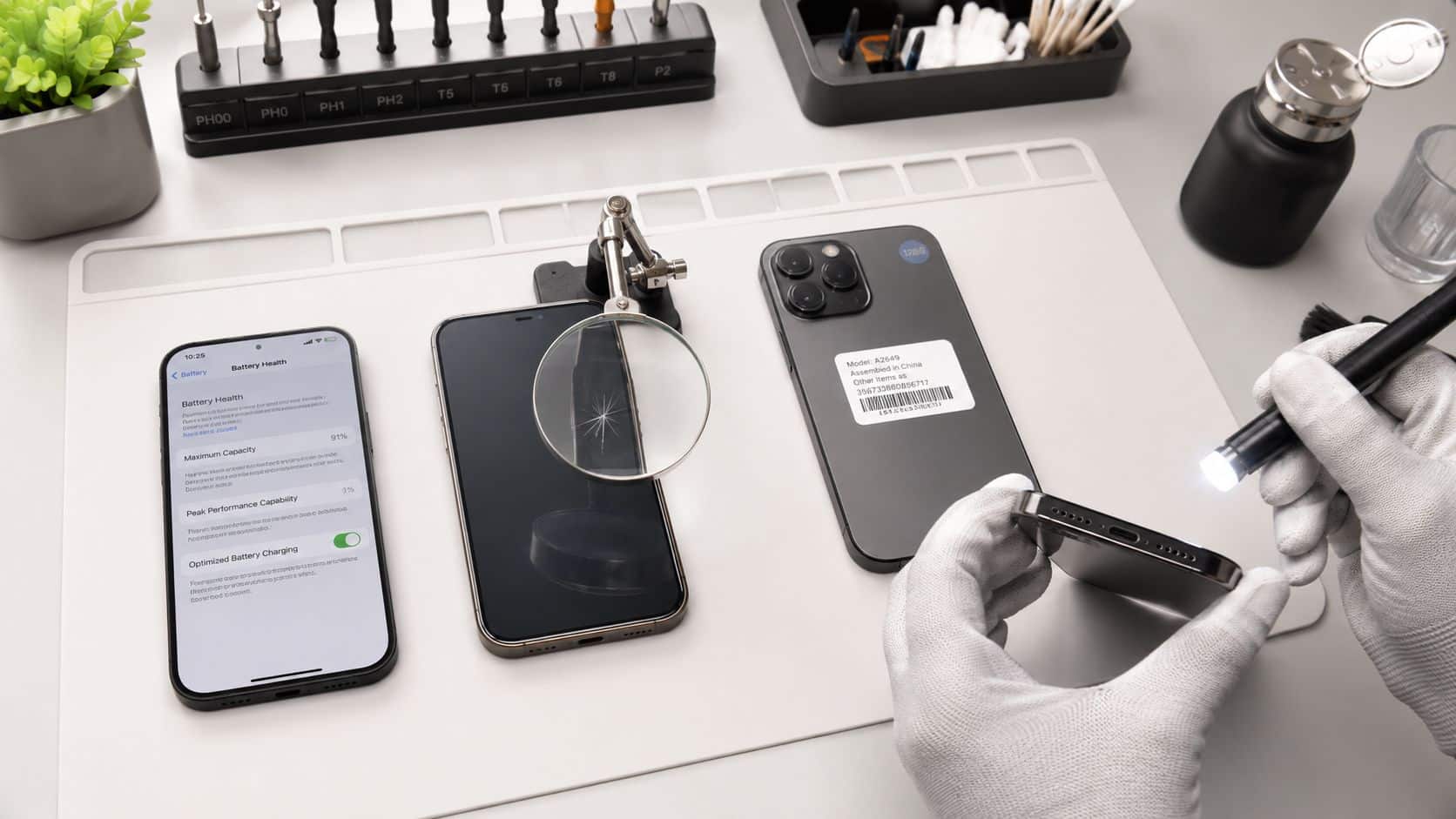 Phone Trade in Offers: How to Get the Best Deal 2 A technician wearing gloves inspects a phone for trade in offers using a magnifying glass and flashlight.