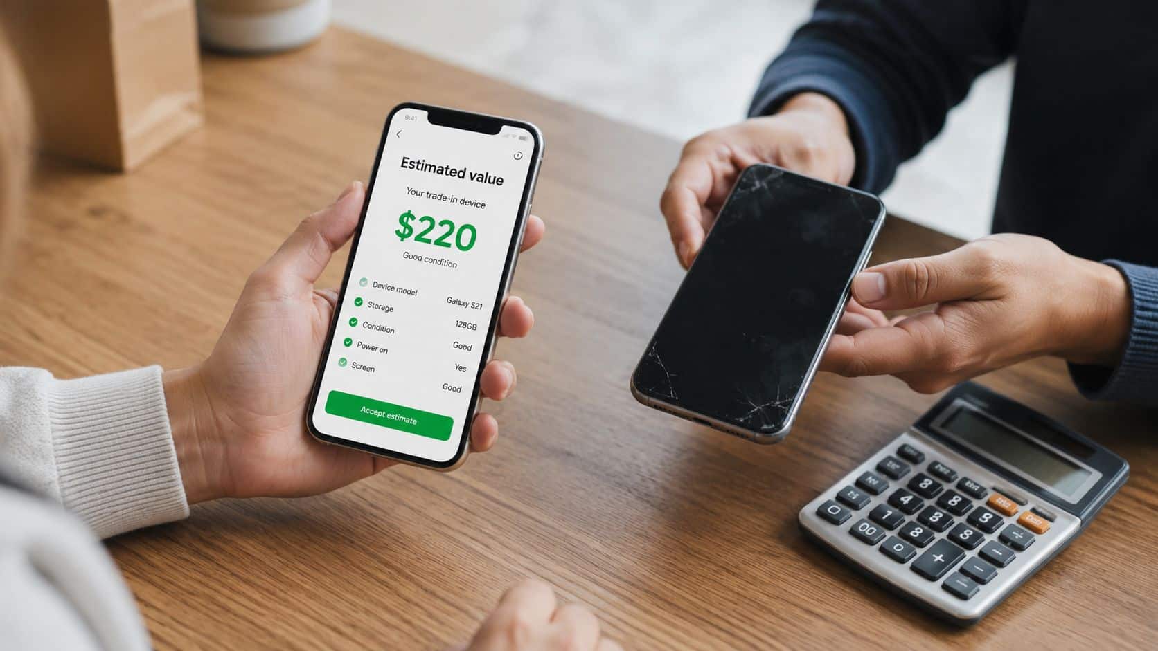 Phone Trade in Offers: How to Get the Best Deal 1 A person evaluates a cracked phone while holding another phone showing a trade-in estimate of two hundred twenty dollars.