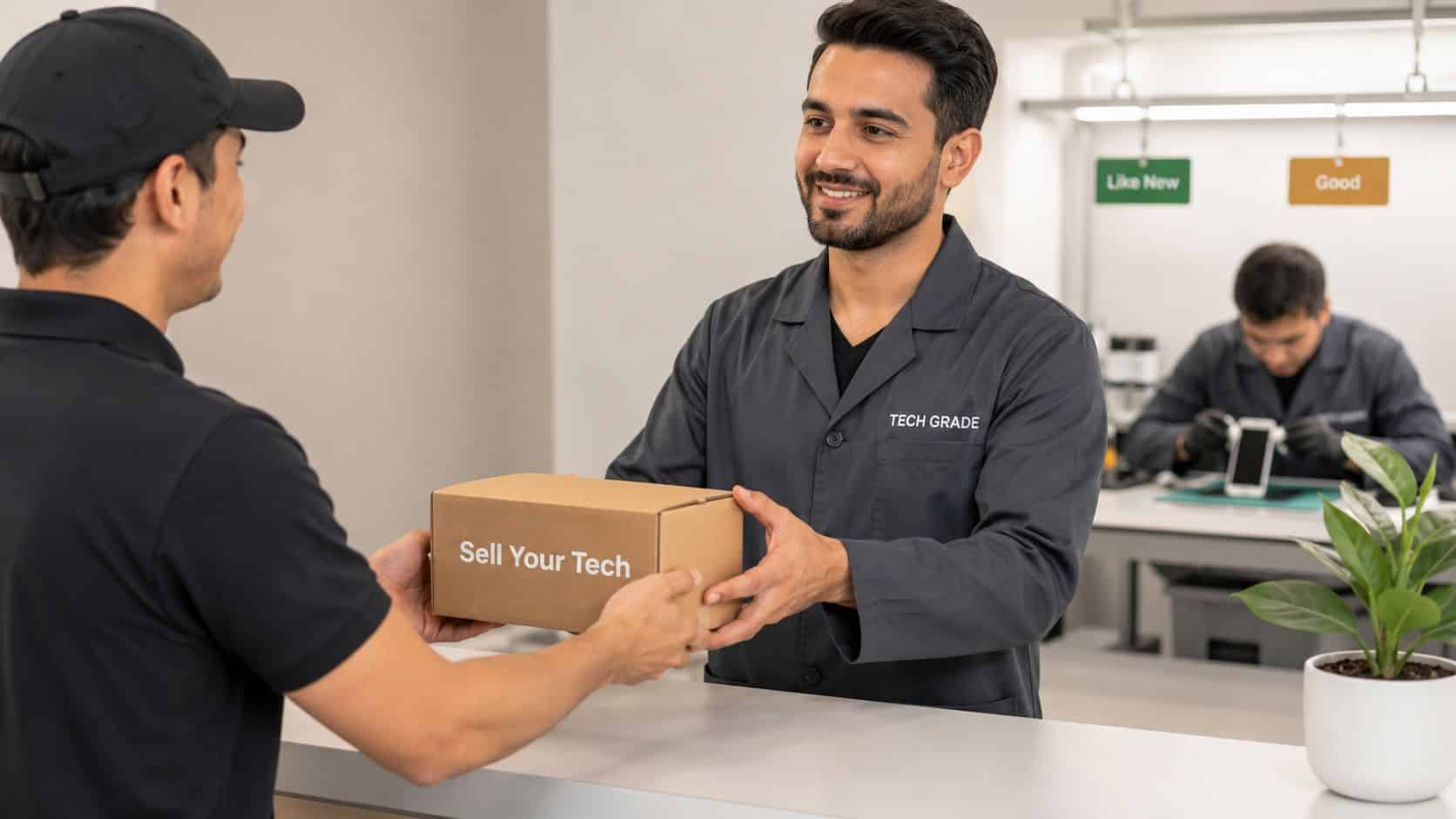 Phone Trade in Offers: How to Get the Best Deal 4 A technician receiving a parcel from a customer in a professional tech refurbishment and grading workspace.