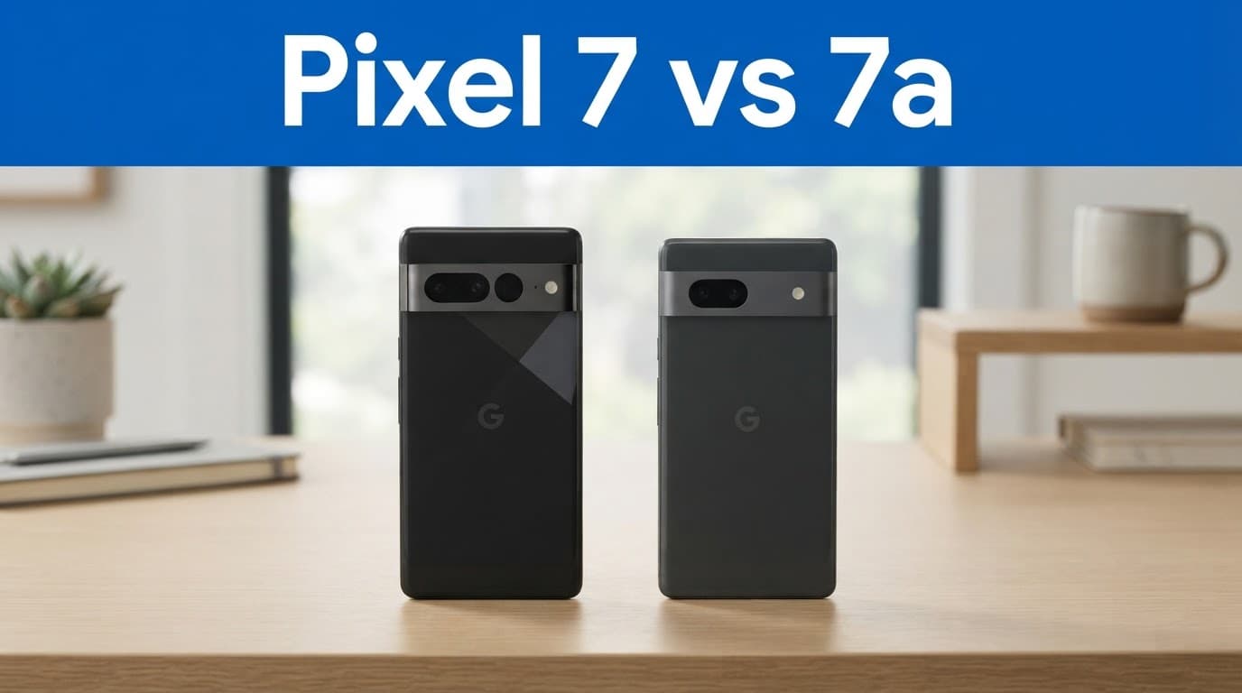 Pixel 7 vs Pixel 7a: Which Offers Better Value? 1 Two sleek Pixel phones sit side by side on a minimalist desk beneath a blue banner.