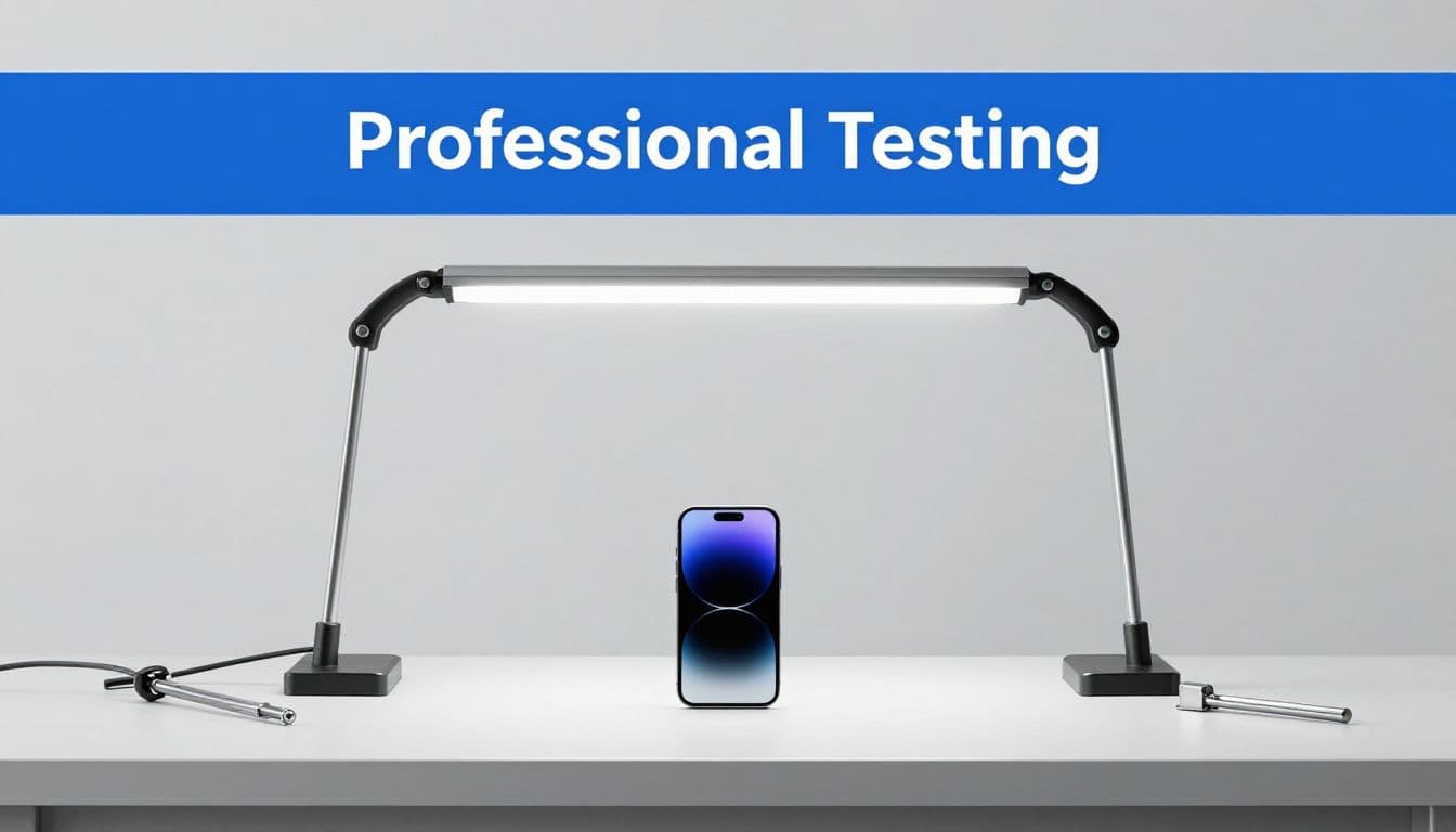 Refurbished Google Pixel 9 Pro: UK Buying Guide 2026 1 A single premium smartphone rests on a sterile metal workbench under bright LED illumination. Precision inspection tools are neatly organized nearby against a clean, minimalist light grey industrial background setting.