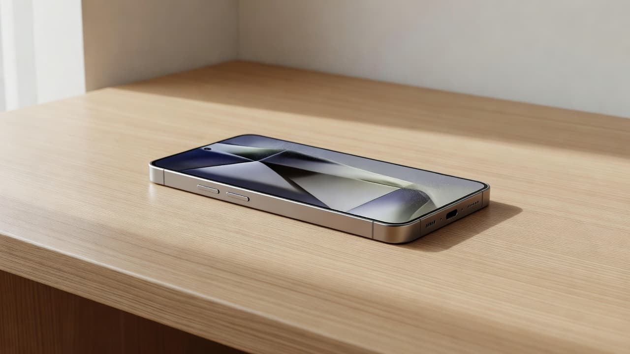 Refurbished Samsung Galaxy S24 Plus Buyer's Guide UK 2026 1 A pristine silver Galaxy S24 Plus sits centered on a light oak desk surface. Soft sunlight illuminates the beveled edges and polished display, highlighting the device's sleek and professional aesthetic.