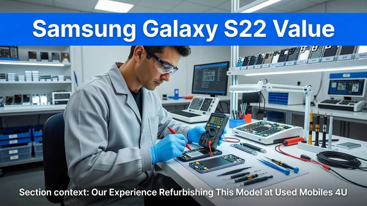 Samsung Galaxy S22 Value in the UK, 2026 1 A technician wearing blue gloves inspects a single Samsung Galaxy S22 on a metal workbench. Precision tools surround the device beneath a blue banner labeled with refurbished quality standards text.