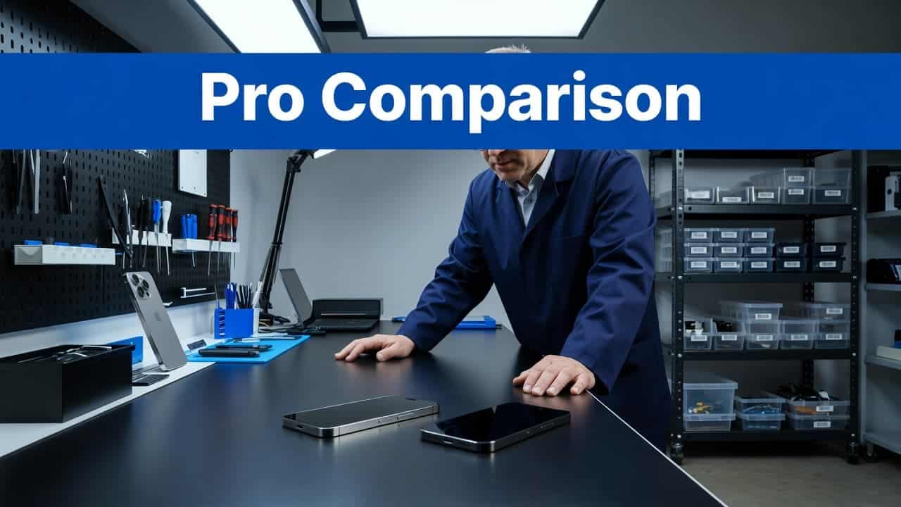 iPhone 15 Pro vs iPhone 14 Pro Max: UK Value in 2026 1 Two smartphones on a sleek desk in a clean electronics workshop under blue lighting.