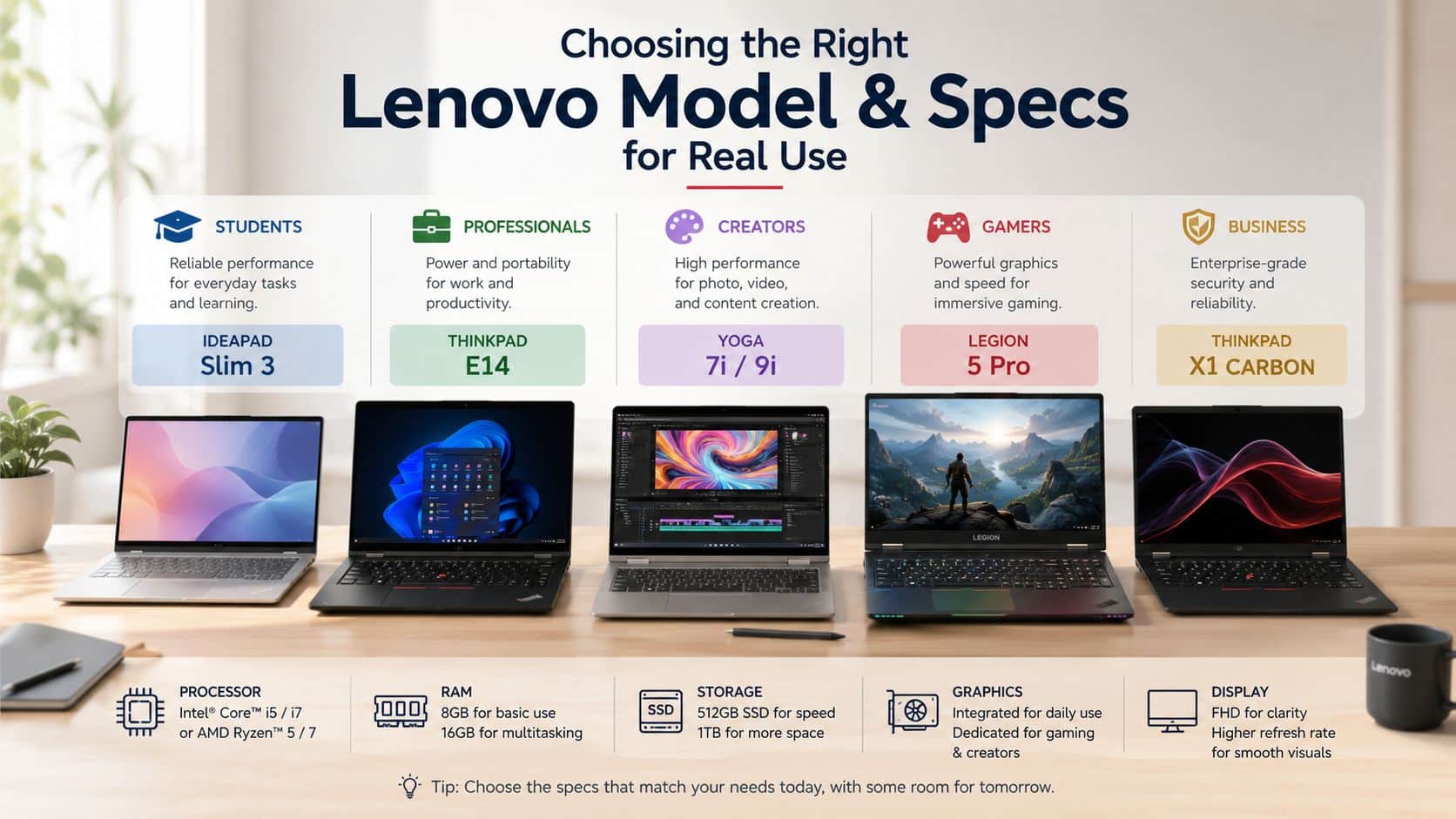 Refurbished Lenovo Laptop: Your 2026 Buyer's Guide 1 A guide showing different Lenovo laptop models recommended for students, professionals, creators, gamers, and business users.