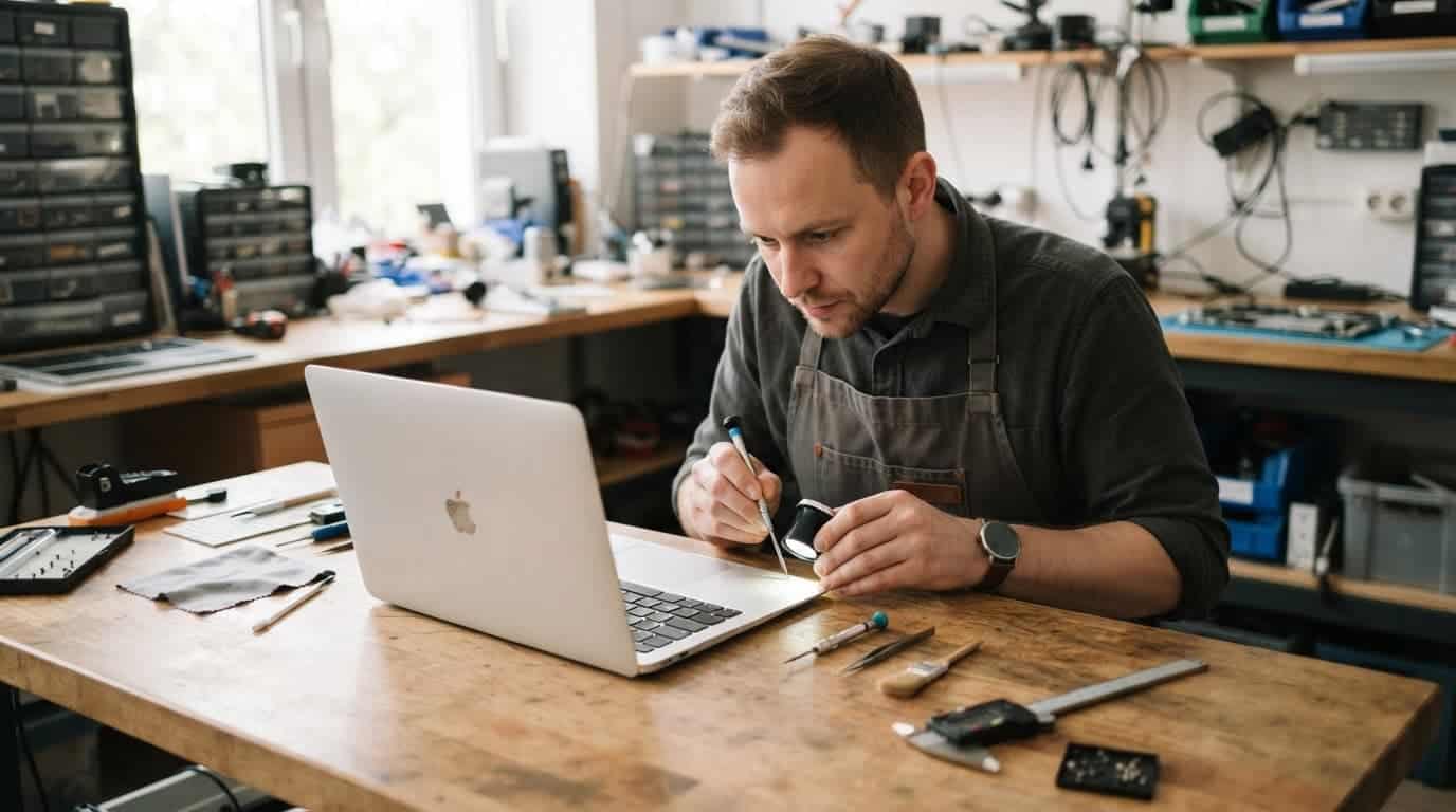 What Affects Refurbished MacBook Trade-In Value? 1 Technician inspecting a refurbished MacBook on a wooden workbench.