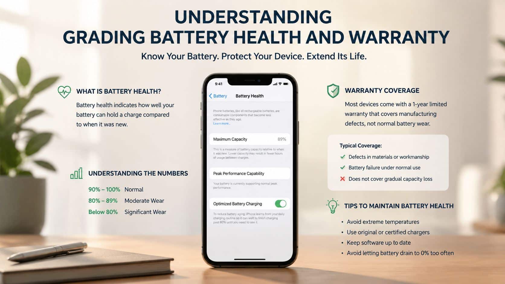 Refurbished MacBook for Students: Your 2026 Buying Guide 4 An infographic explaining battery health grades, warranty coverage, and tips for maintaining optimal phone battery performance.