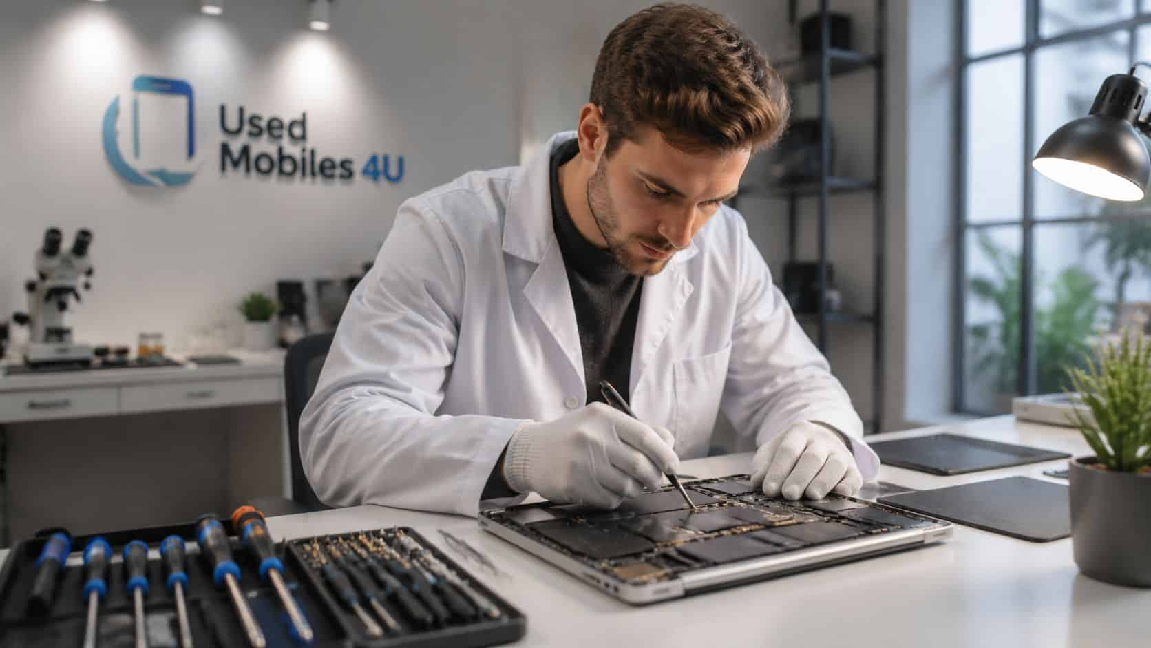 Refurbished MacBook for Students: Your 2026 Buying Guide 2 A professional technician wearing a white lab coat and gloves repairing a laptop inside a workshop.