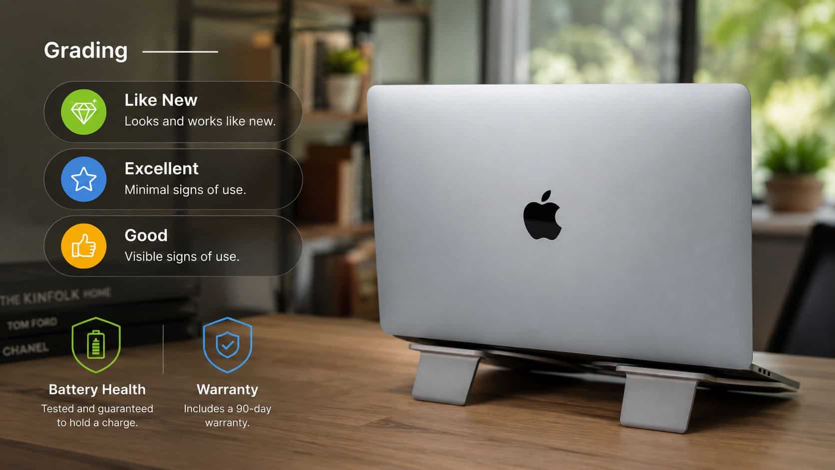 Refurbished MacBook for Students: Your 2026 Buying Guide 3 A silver MacBook sits on a stand on a wooden desk, showcasing grading and warranty information.