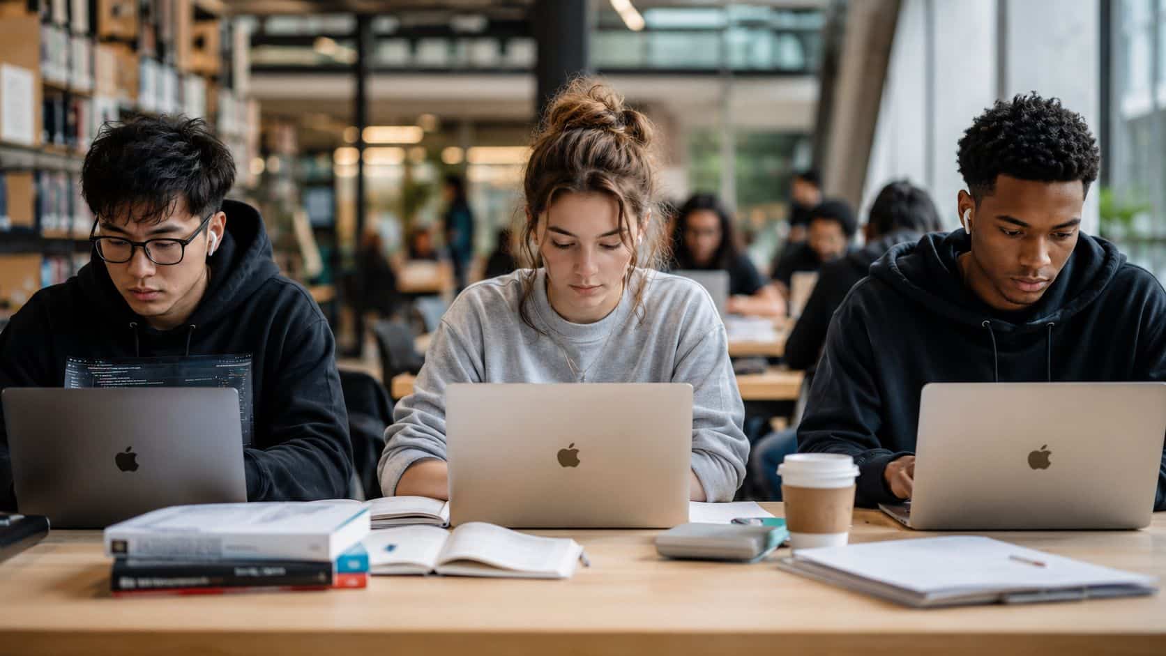 Refurbished MacBook for Students: Your 2026 Buying Guide 1 Three students sitting in a library working on their Apple MacBooks at a wooden table.
