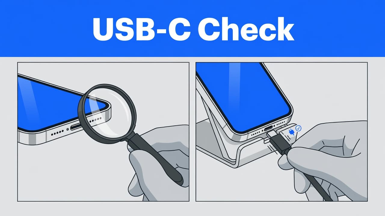 How to Test a Refurbished iPhone USB-C Port 1 An instructional graphic showing a close-up check of a phone charging port.