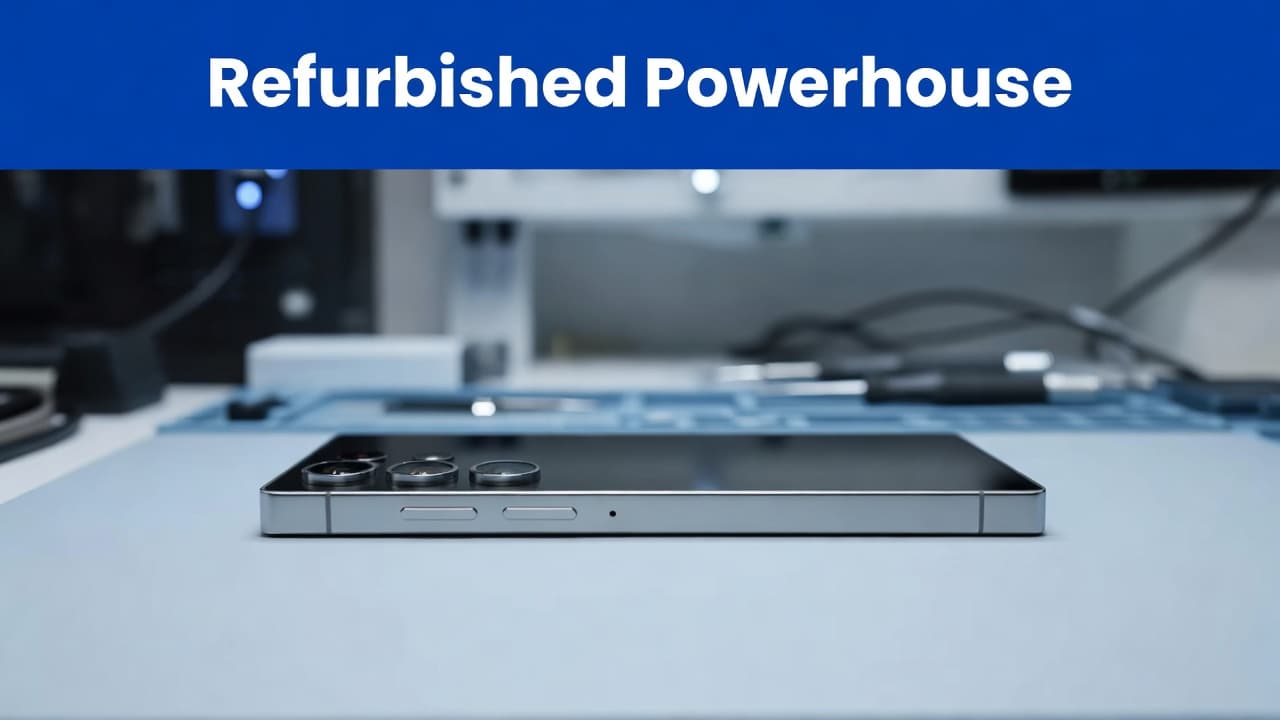 Refurbished Samsung Galaxy S24 Ultra Buyer's Guide UK 2026 1 The titanium smartphone rests on a grey workbench surface, positioned in front of a blurred repair workshop. A bright blue header above features bold white text highlighting the device as a powerhouse.