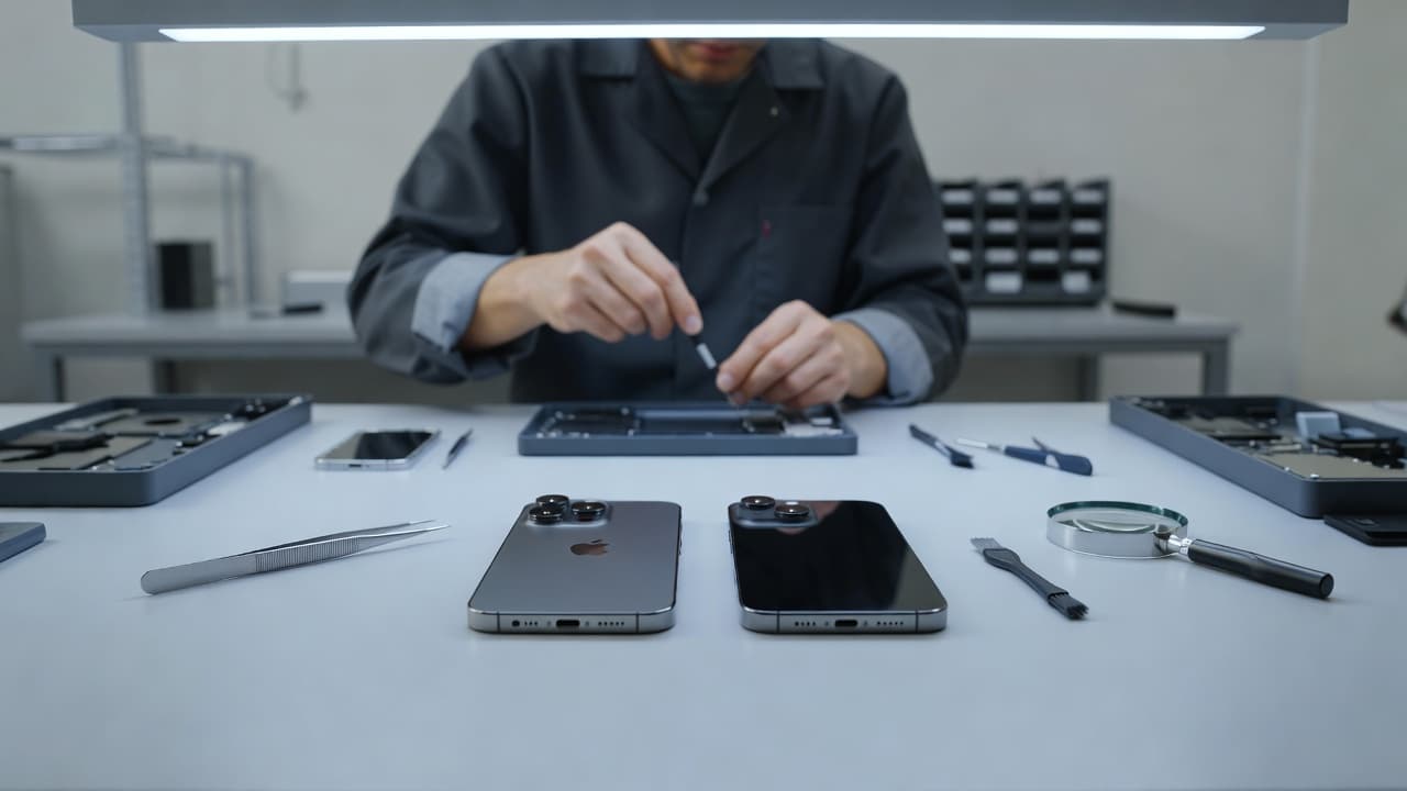 iPhone 14 Pro Max vs iPhone 15 Plus: Best Fit? 1 Two refurbished smartphones on a clean wooden workshop bench.