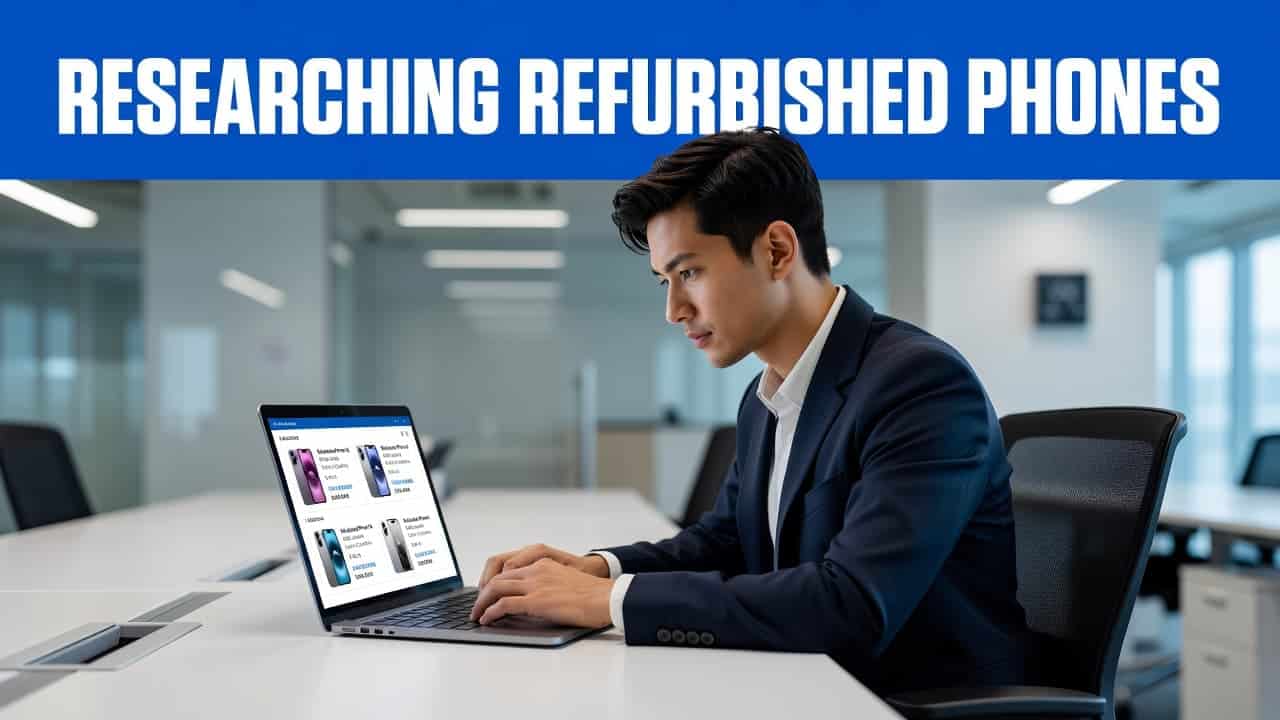 Refurbished iPhone 16e Buyer's Guide for the UK 1 A person sits at a desk browsing mobile product listings on a laptop. A bold blue header bar at the top displays the text Researching Refurbished Phones in a clean editorial style.