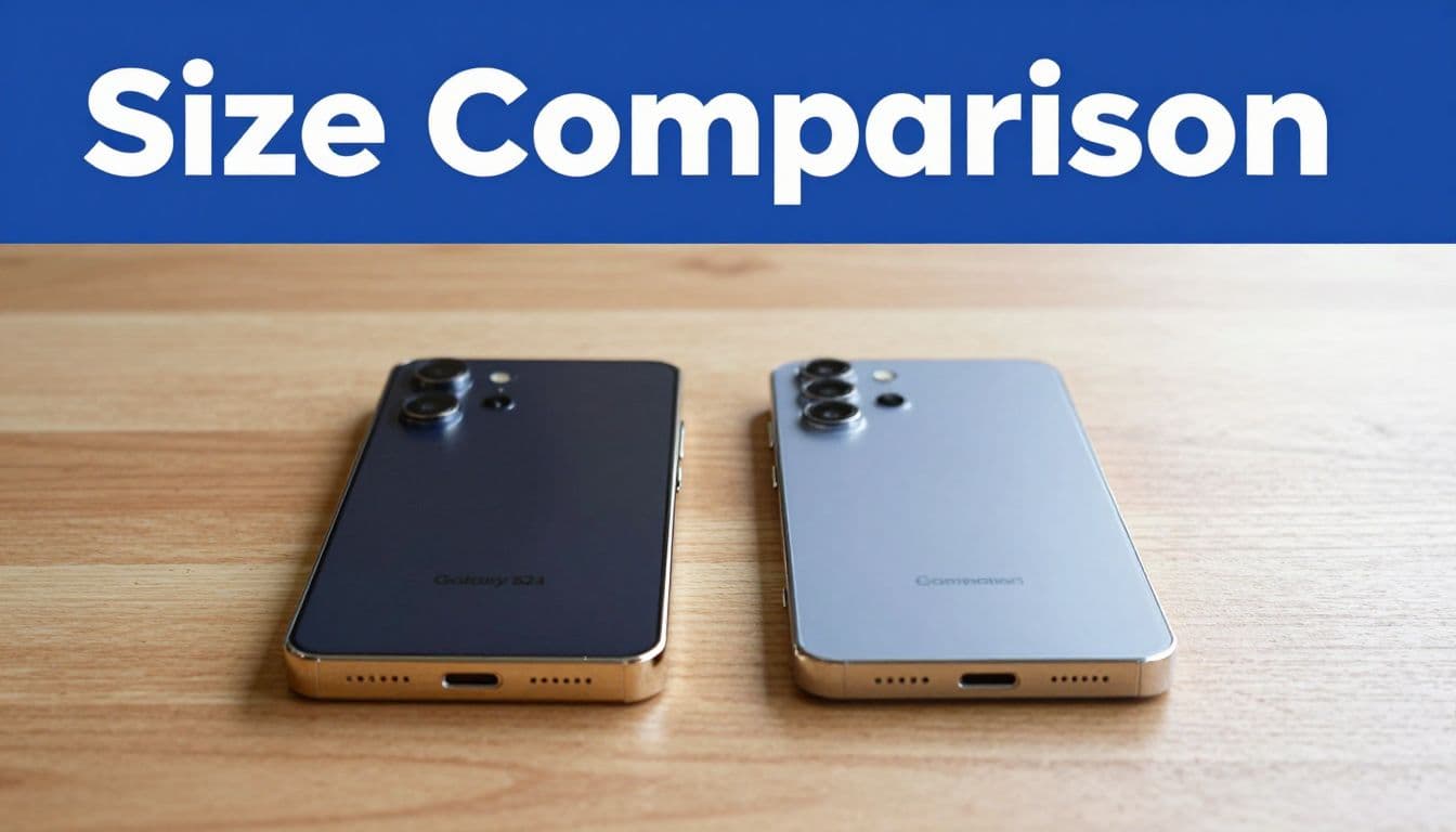 Galaxy S24 Comparison: Refurbished S24 or S24 Plus? 1 Two premium flagship smartphones rest horizontally on a smooth wooden desk surface. A clear blue header graphic at the top displays the white text Size Comparison to highlight their dimensions.