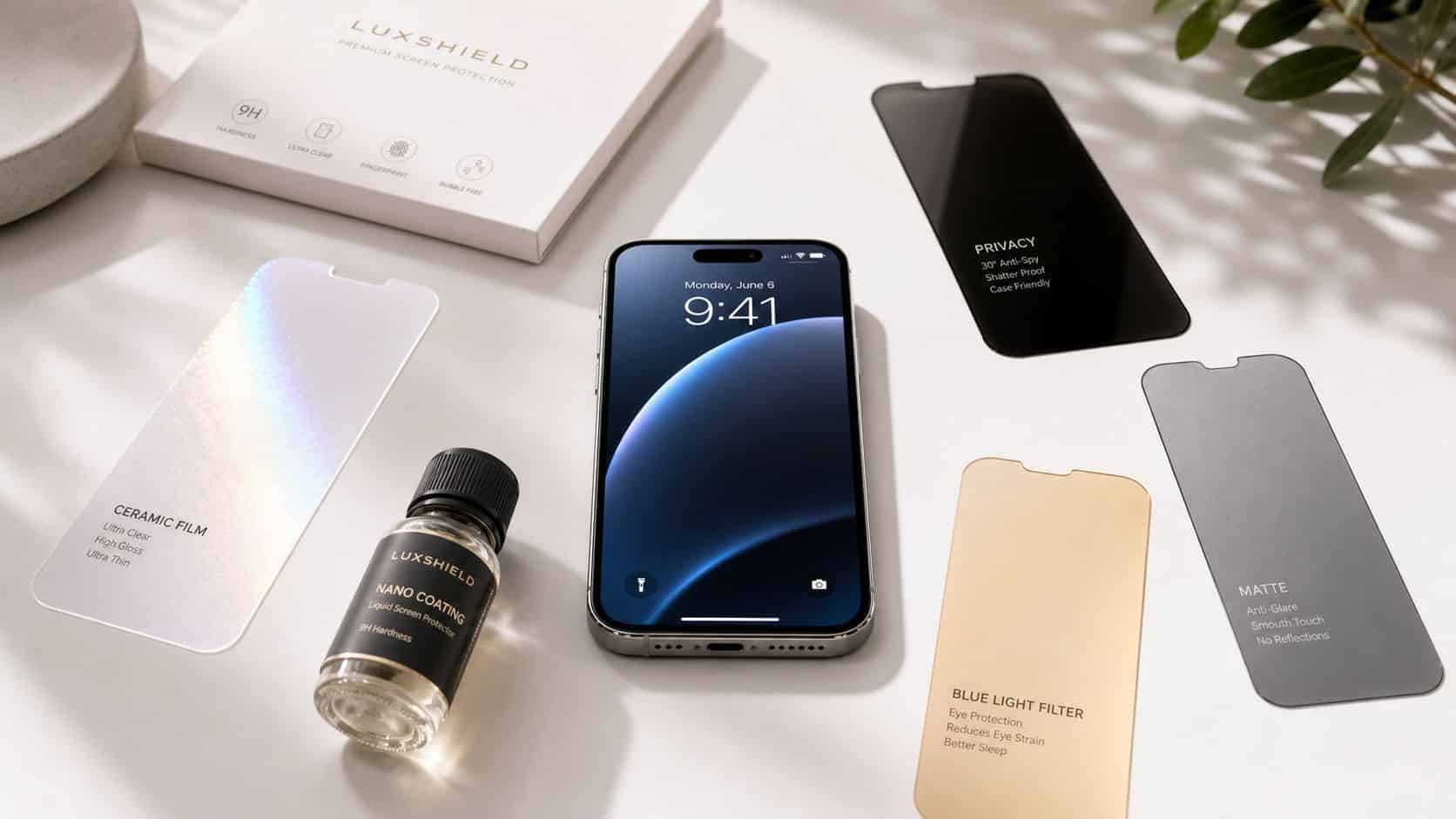 Screen Protector Types Explained and Which to Choose 1 An array of various LUXSHIELD screen protector types including ceramic, privacy, matte, blue light, and nano liquid coating.