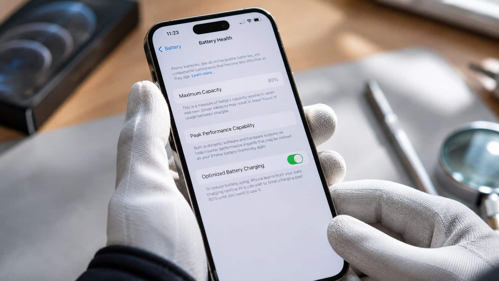 Sell My iPhone 14 Pro: Maximize Your Profit in 2026 2 A person in white gloves holding an iPhone 14 Pro displaying battery health settings at 89 percent.