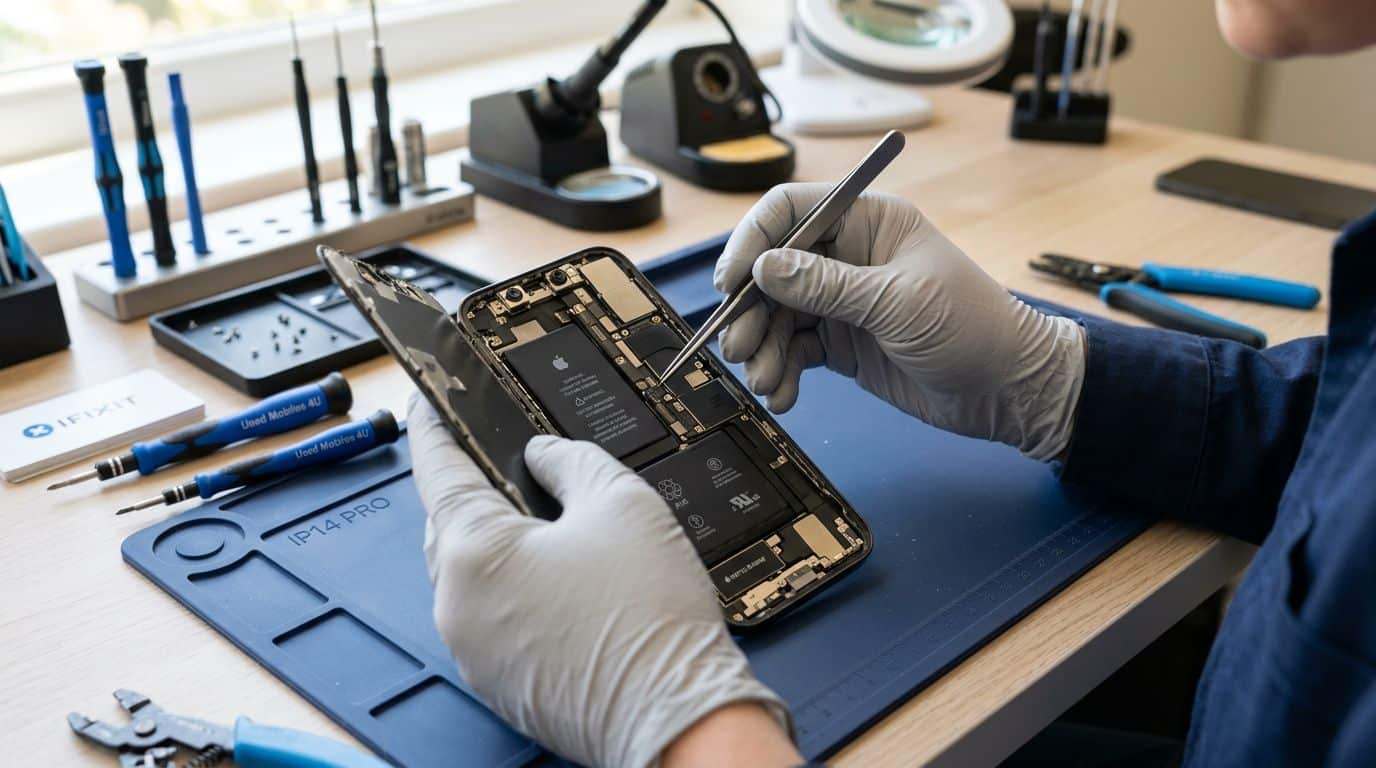 Sell My iPhone 14 Pro: Maximize Your Profit in 2026 3 A technician wearing protective gloves repairs an open iPhone 14 Pro using tweezers on a workshop mat.
