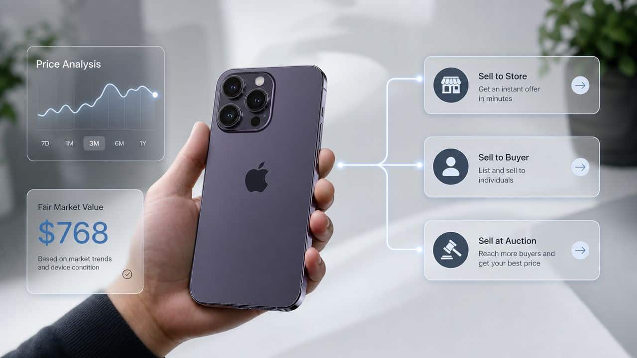 Sell My iPhone 14 Pro: Maximize Your Profit in 2026 1 A person holding a purple iPhone 14 Pro with a digital dashboard displaying price analysis and selling options.