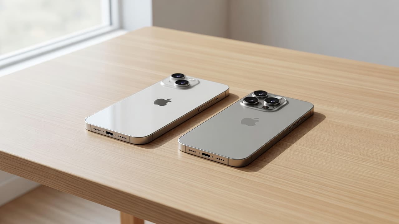 iPhone 14 Plus vs iPhone 14 Pro Battery Life 1 Two modern smartphones placed side by side on a clean wooden desk.