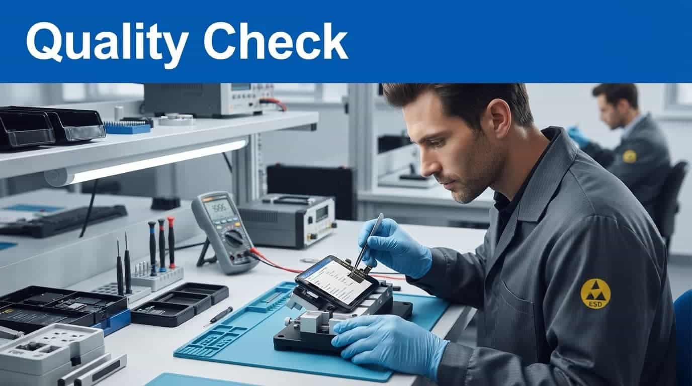 Pixel 7 vs Pixel 7a: Which Offers Better Value? 2 Technician inspecting a smartphone on a workbench beneath a blue design band.
