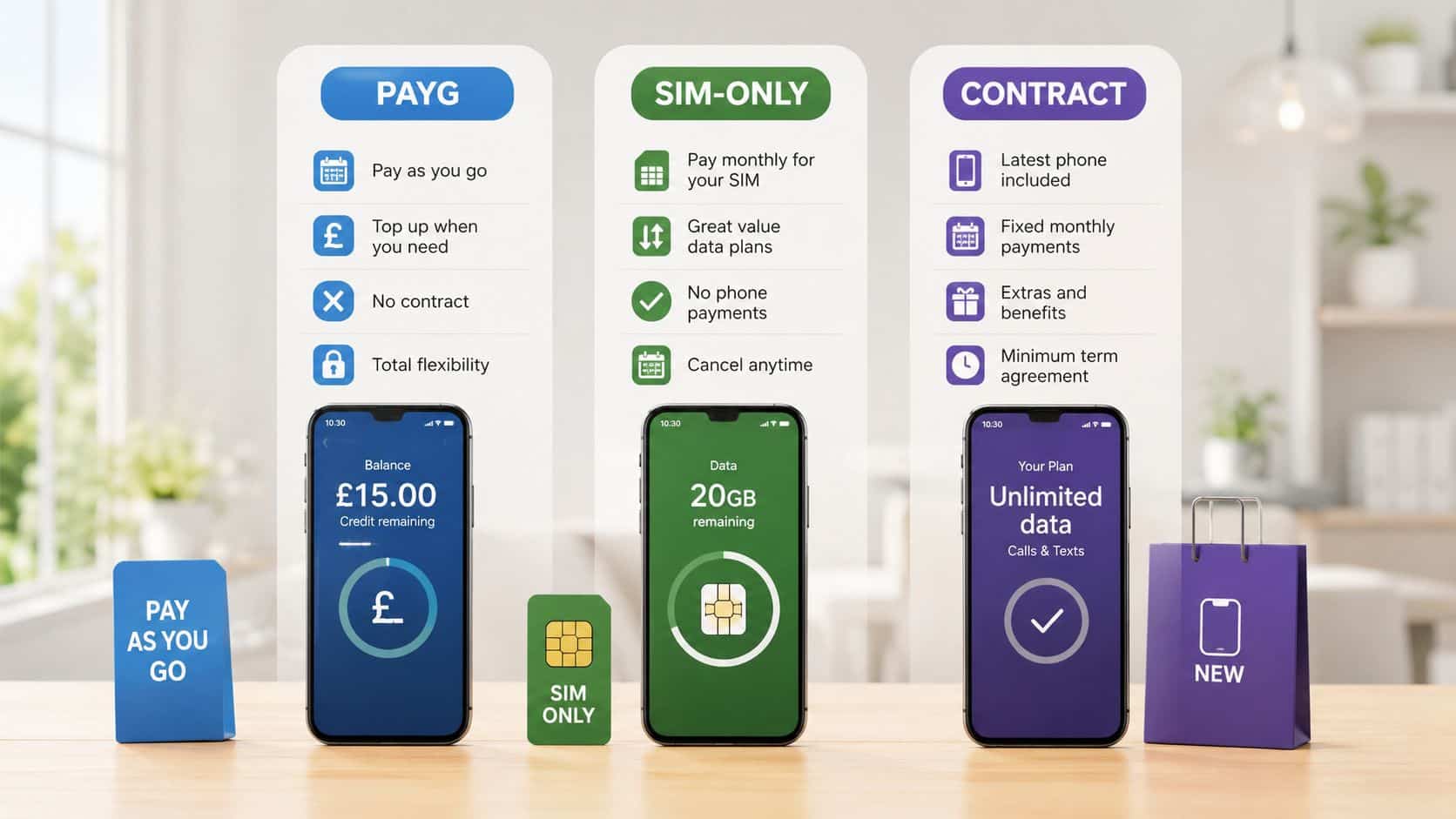 Smartphones Pay as You Go: A Practical UK Guide 1 A comparison table featuring three mobile phone plan options: Pay As You Go, SIM-Only, and Contract plans.