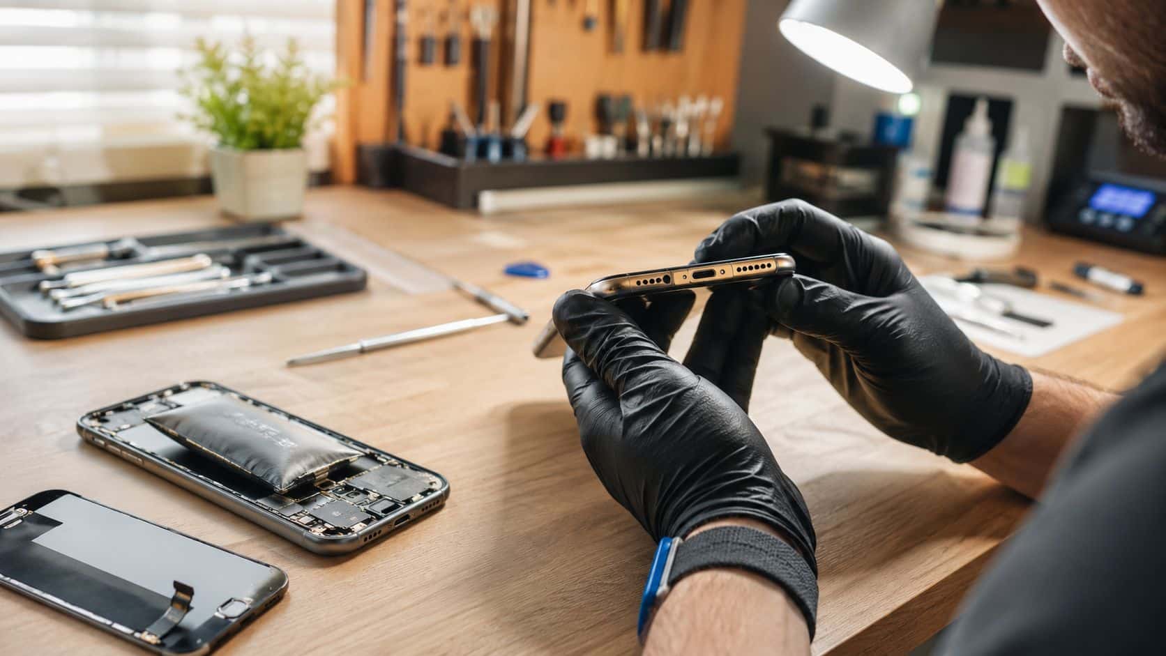 Smartphones Pay as You Go: A Practical UK Guide 2 A technician wearing black gloves carefully repairing a smartphone inside a bright, organized professional workshop.