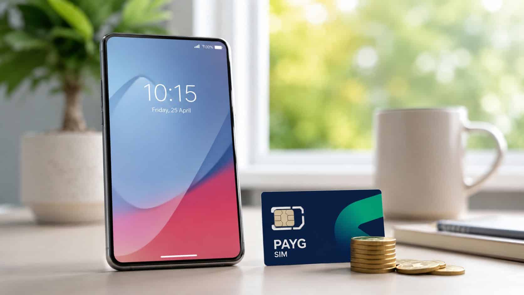 Smartphones Pay as You Go: A Practical UK Guide 3 A smartphone next to a Pay As You Go SIM card and a stack of coins on a desk.