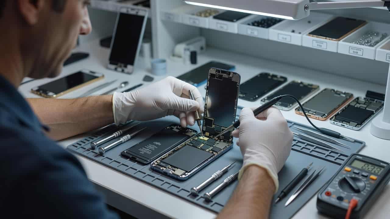 Which Refurbished iPhones Have Dynamic Island in 2026? 2 A professional technician carefully tests a smartphone at a clean, well-lit workbench.