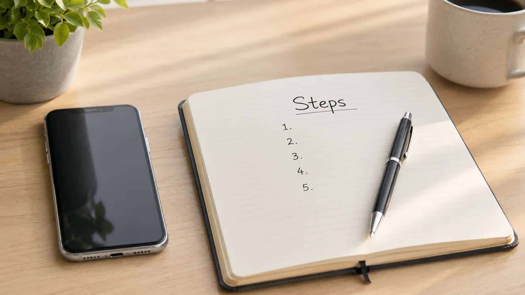 How to Trade a Mobile Phone: A UK Expert's Guide 2026 2 An open notebook with a steps list, a pen, and a smartphone on a wooden desk.