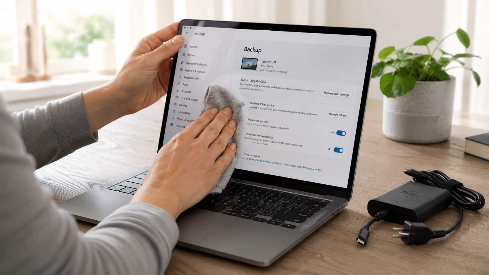 Trade in Laptop UK 2 A person cleaning the screen of a silver laptop displaying Windows settings on a wooden desk.