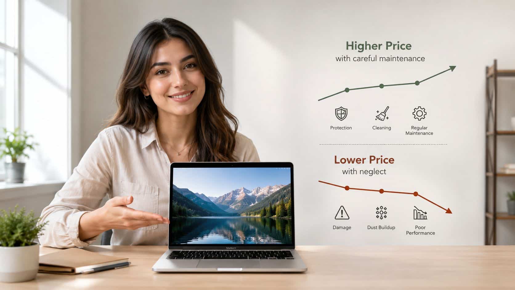 Trade in Laptop UK 4 A woman presenting a laptop alongside a comparative chart illustrating how maintenance affects laptop resale value.