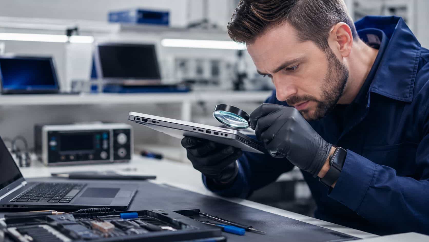 Trade in Laptop UK 3 A professional technician wearing gloves examines a laptop frame using a magnifying glass in a laboratory.