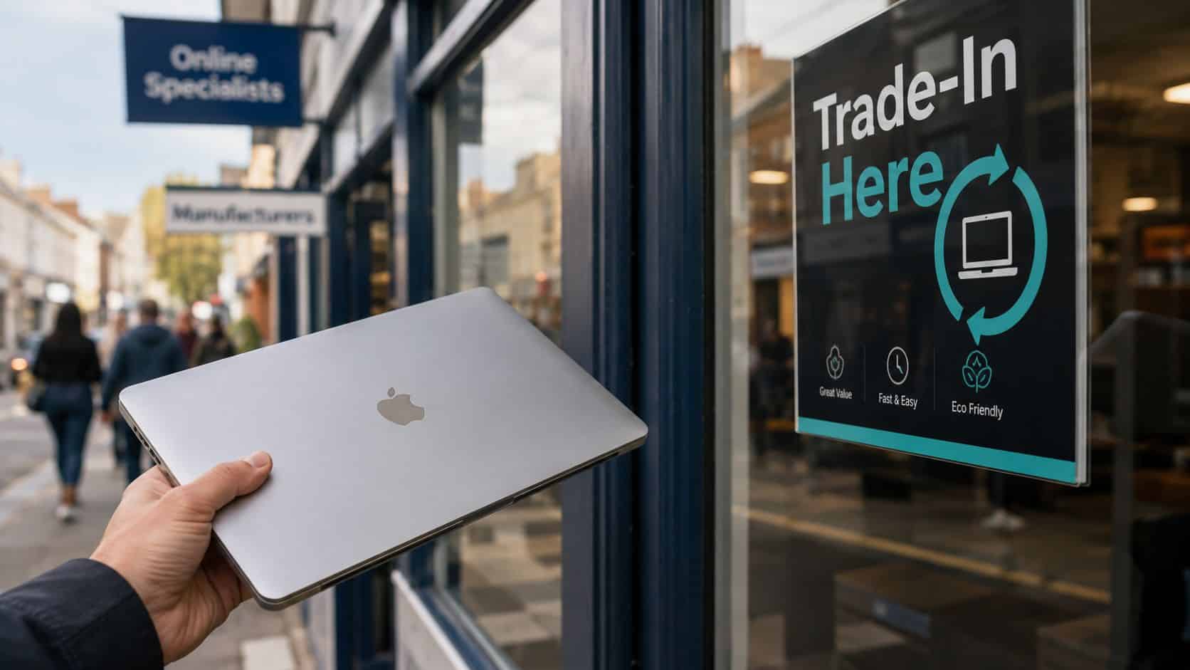Trade in Laptop UK 1 A hand holds a closed silver laptop in front of a storefront advertising a device trade-in service.